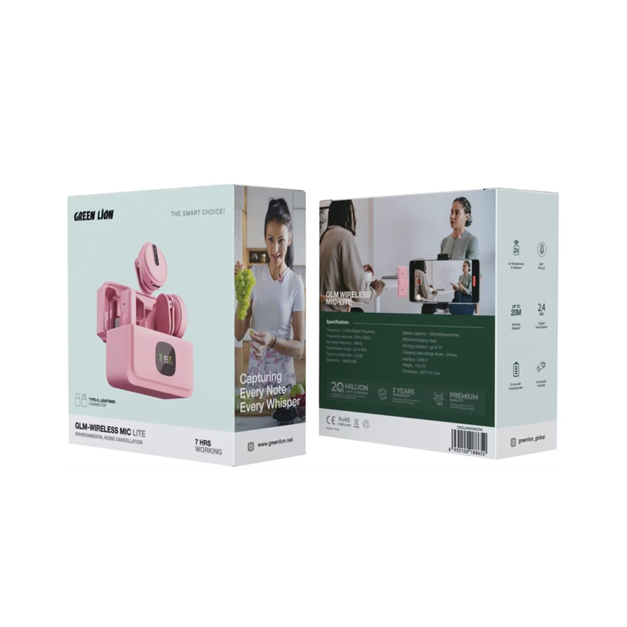 Two packaging boxes for a product with a pink device on a white background