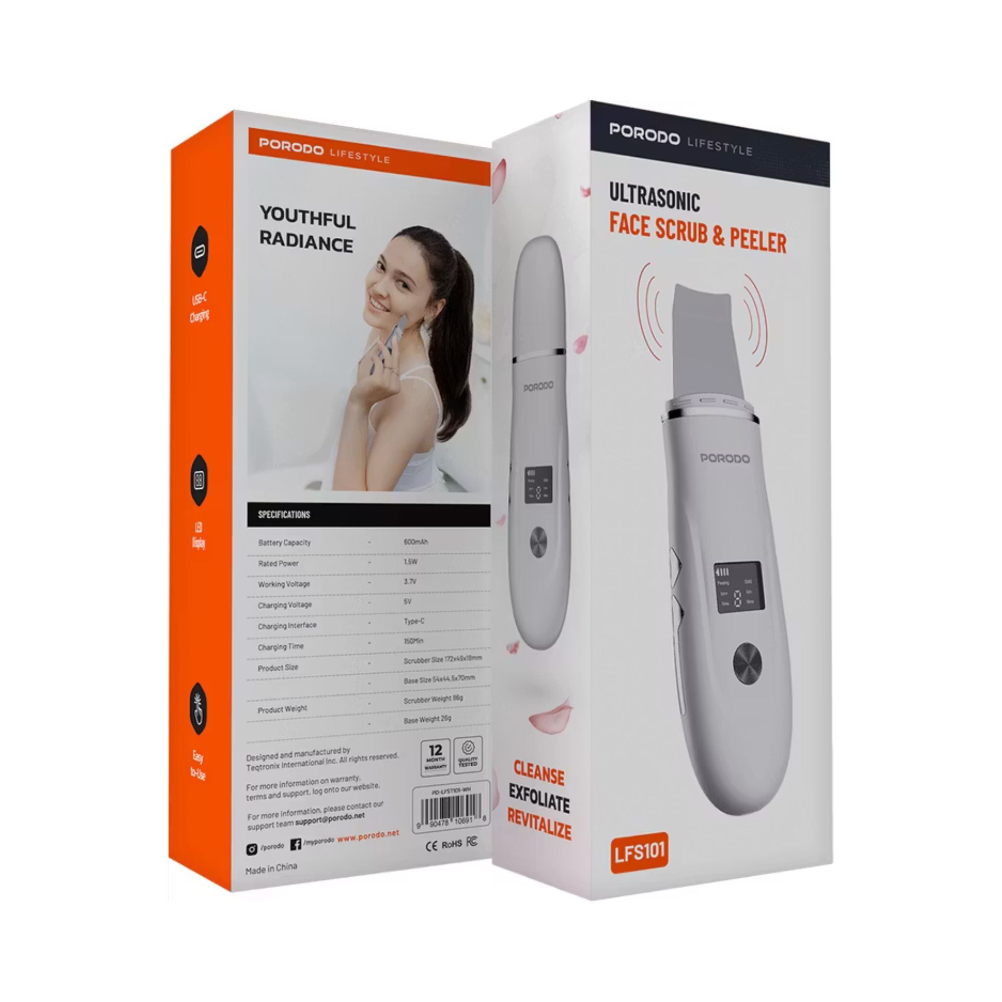 Porodo Lifestyle Ultrasonic Face Scrub & Peeler with LED Display, USB-C Charging, Cleanse, Exfoliate & Revitalize, Easy to Use, 150 Minutes Charging Time - White