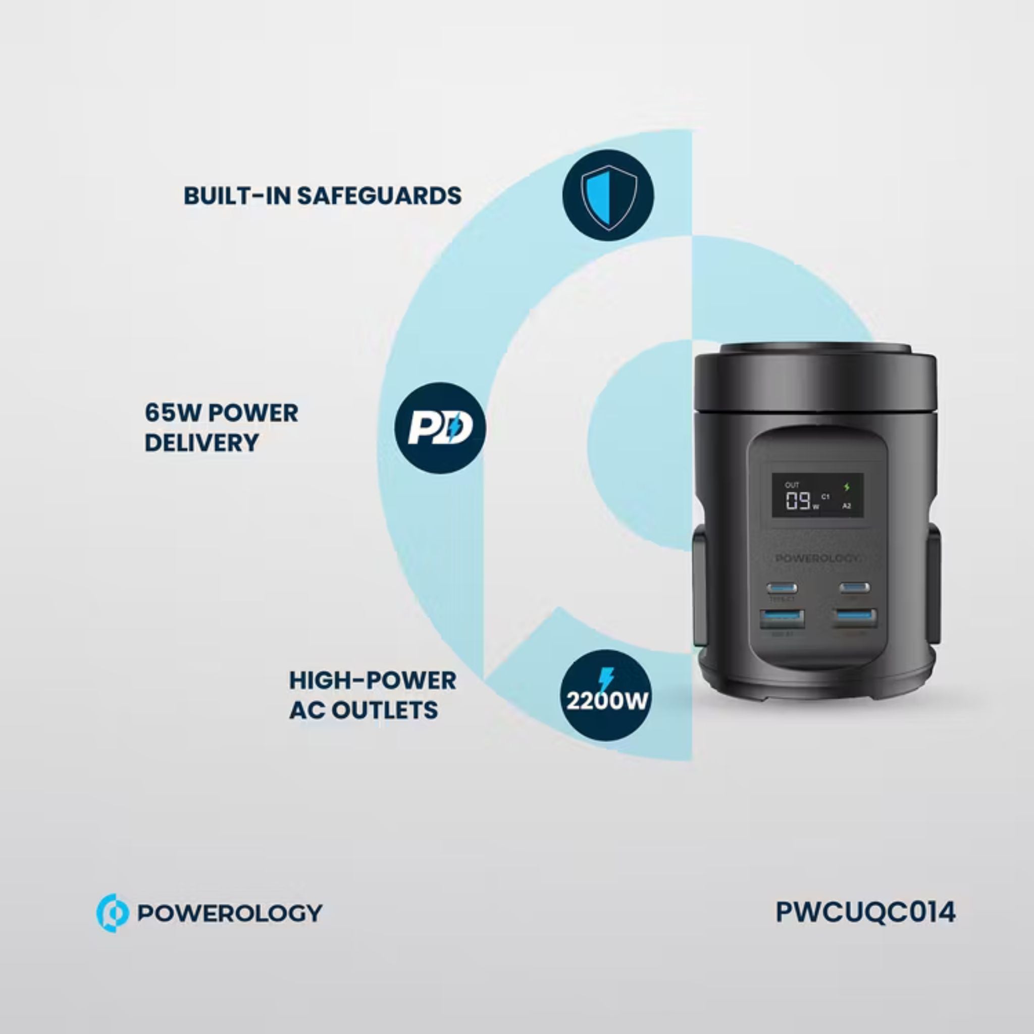 Powerology Magsafe Power Hub with UK Plug, PD 65W, USB-A QC 3.0, Built-in Safeguards, 15W Wireless Charging, 2200W Rated Power - Black