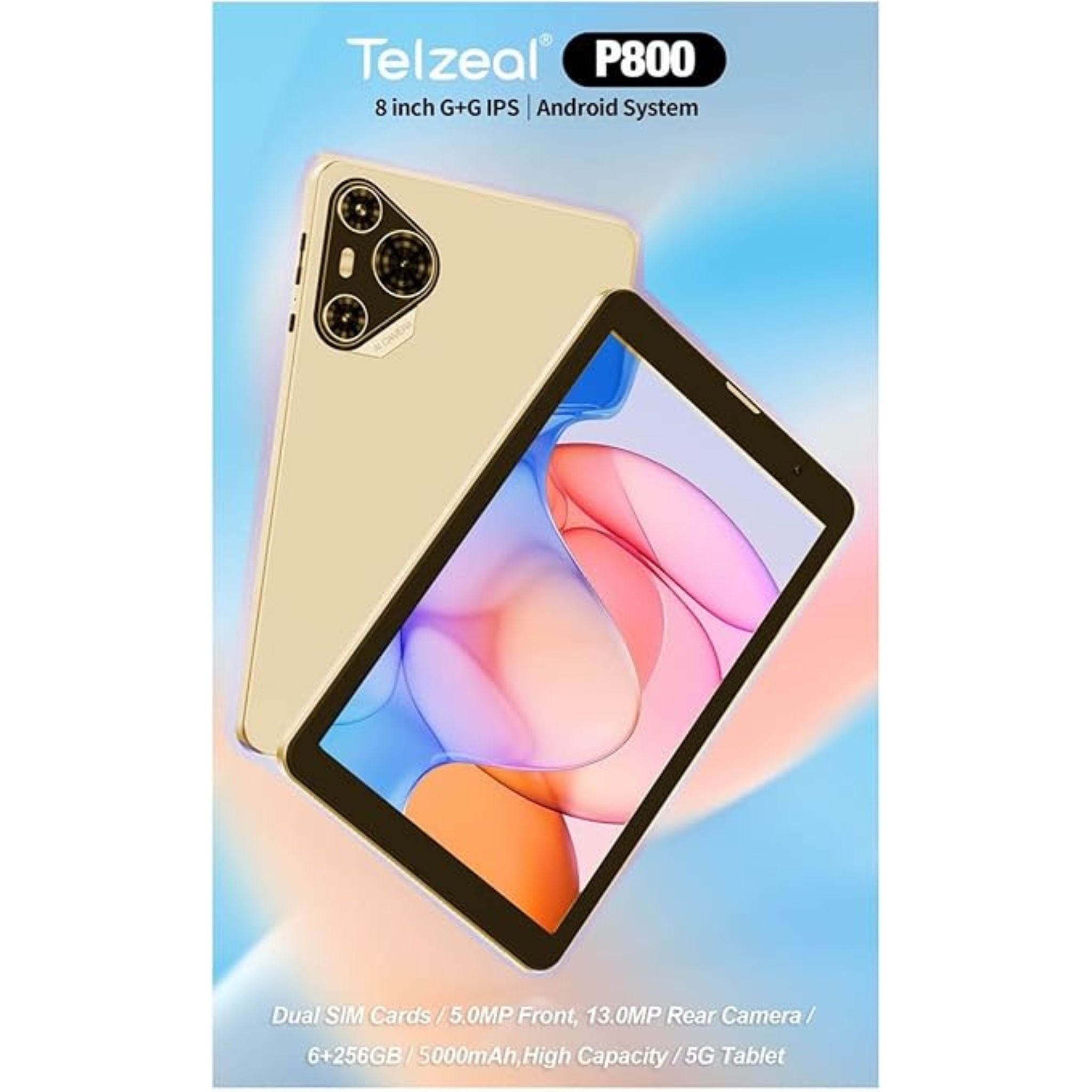 Telzeal P800 Tablet 8 Inch Android 12 Tablet with Dual SIM 6GB RAM 256GB ROM 5G WiFi 5000mAh Battery and Wireless Keyboard -Gold