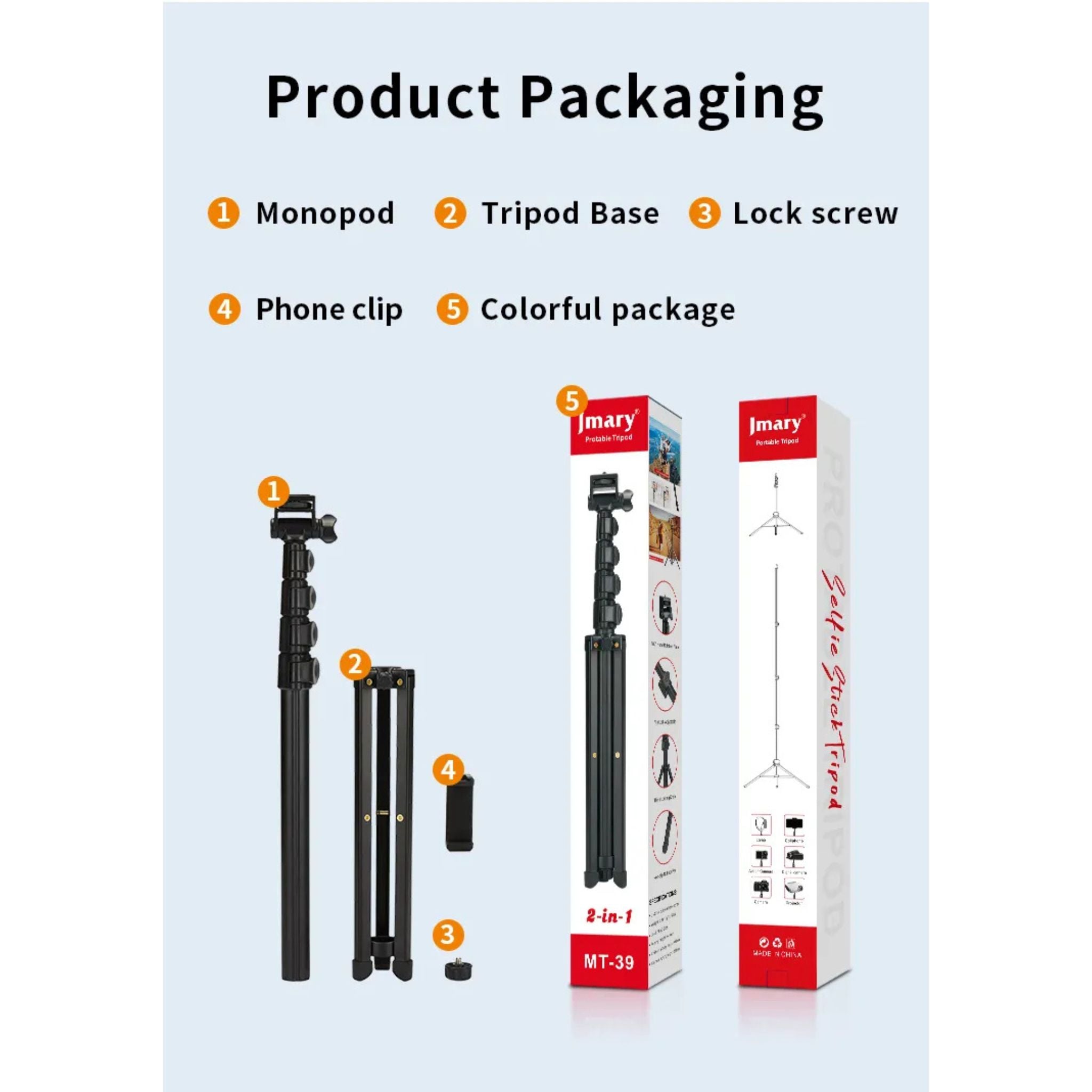 Jmary MT-39, Shooting Tripod (Aluminum+Iron+ABS),Aluminum Extendable Cell Phone Tripod Stand with Selfie Stick Tripod and Phone Clip