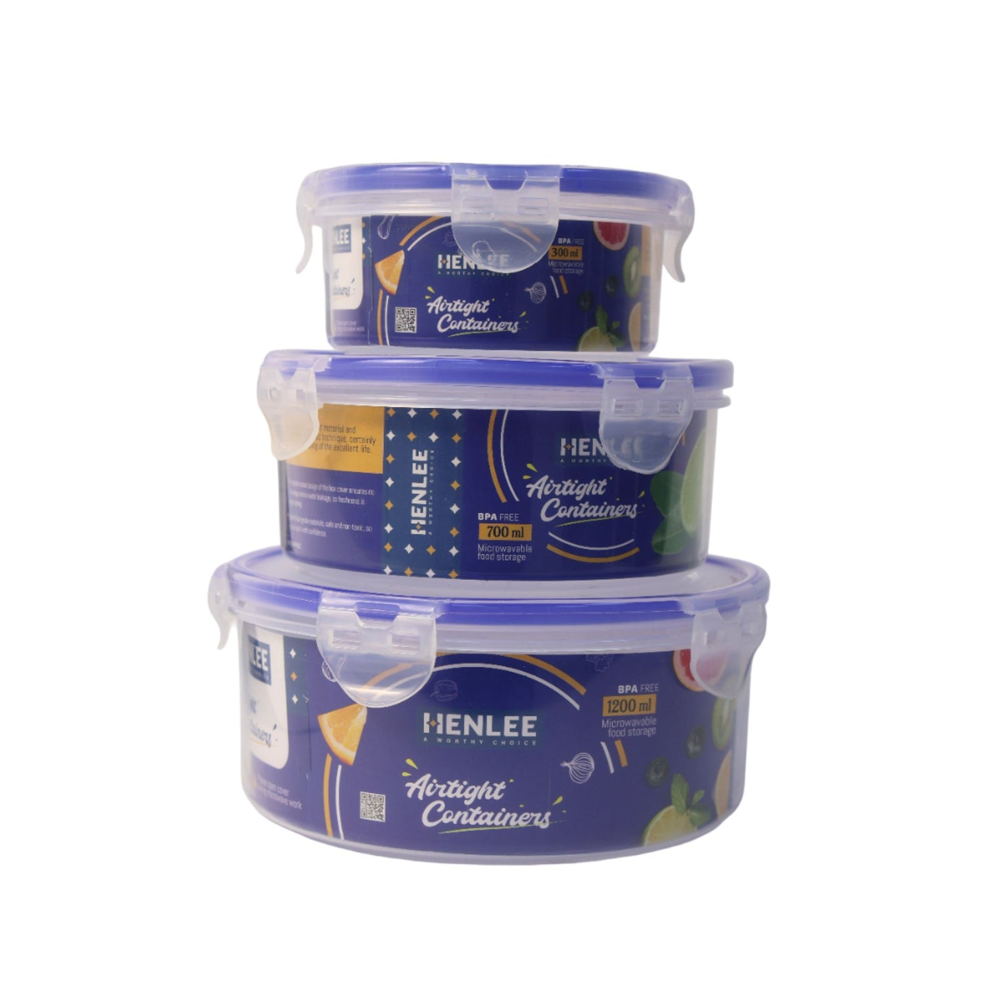 Henlee Container  3 PC SET ROUND 300+700+1200ml  Food Storage Round Containers, Smart Lock Lid Airtight