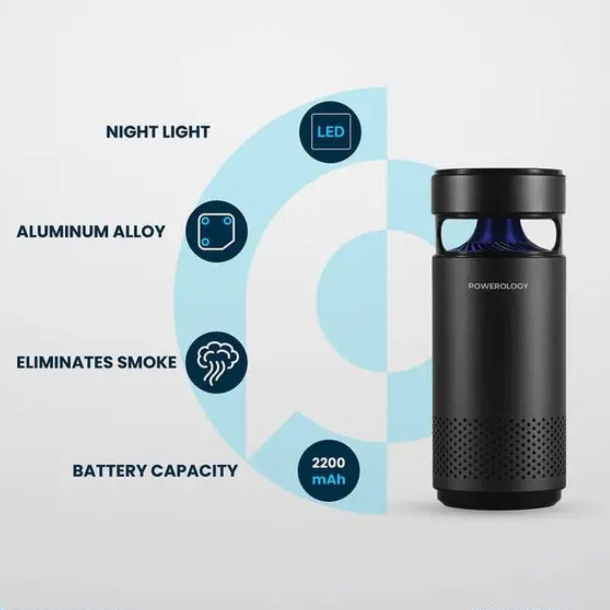 Powerology Portable Mini Air Purifier with 10 Hours Working Time, Less than 40dB Noise Level, Advanced UVC Sterilization, LED Night Light, 2200mAh Battery Capacity - Black