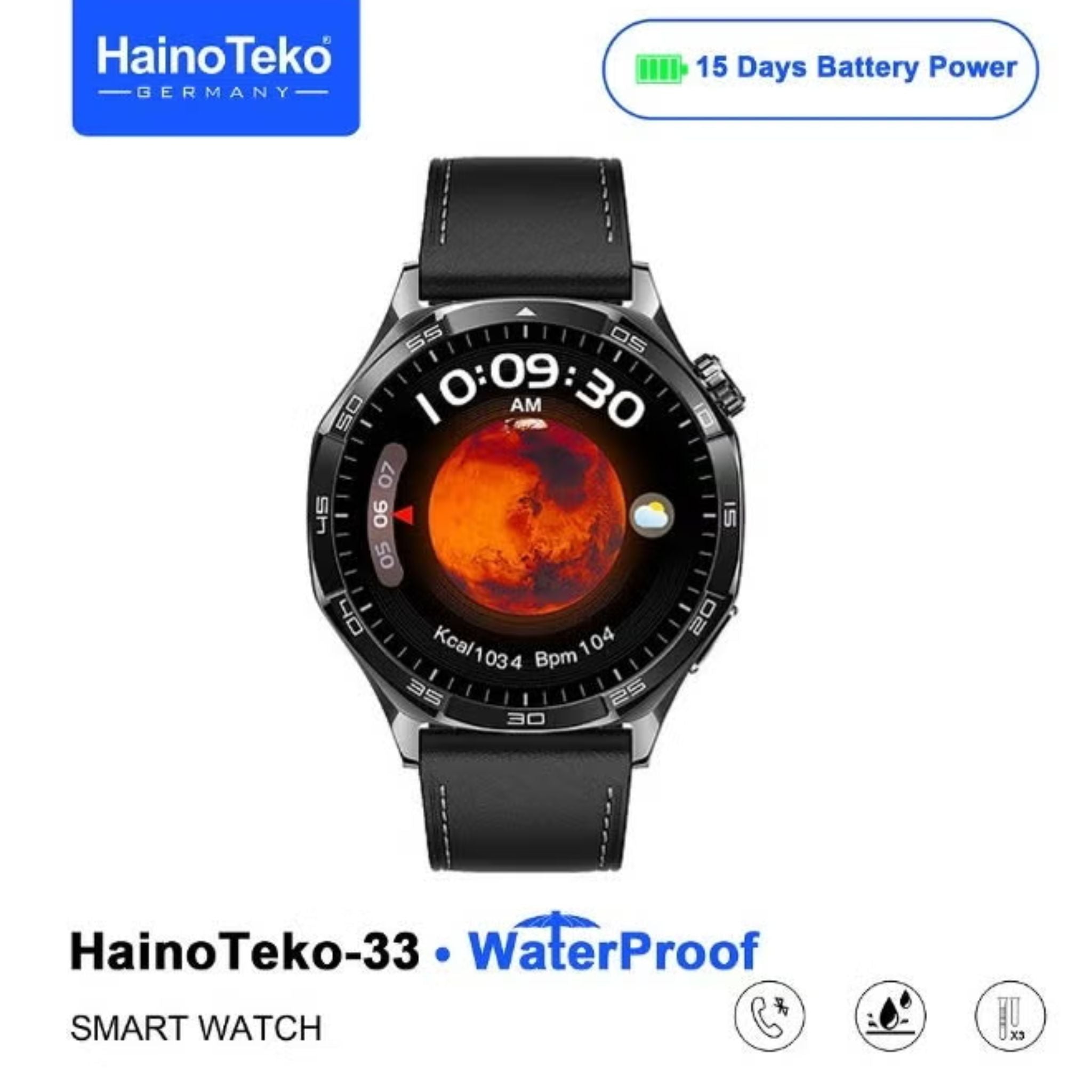 HainoTeko-33 Waterproof Smart Watch With AMOLED Display Bluetooth Calling 15 Days Battery Life and 3 Pair Straps Designed for Men - Black