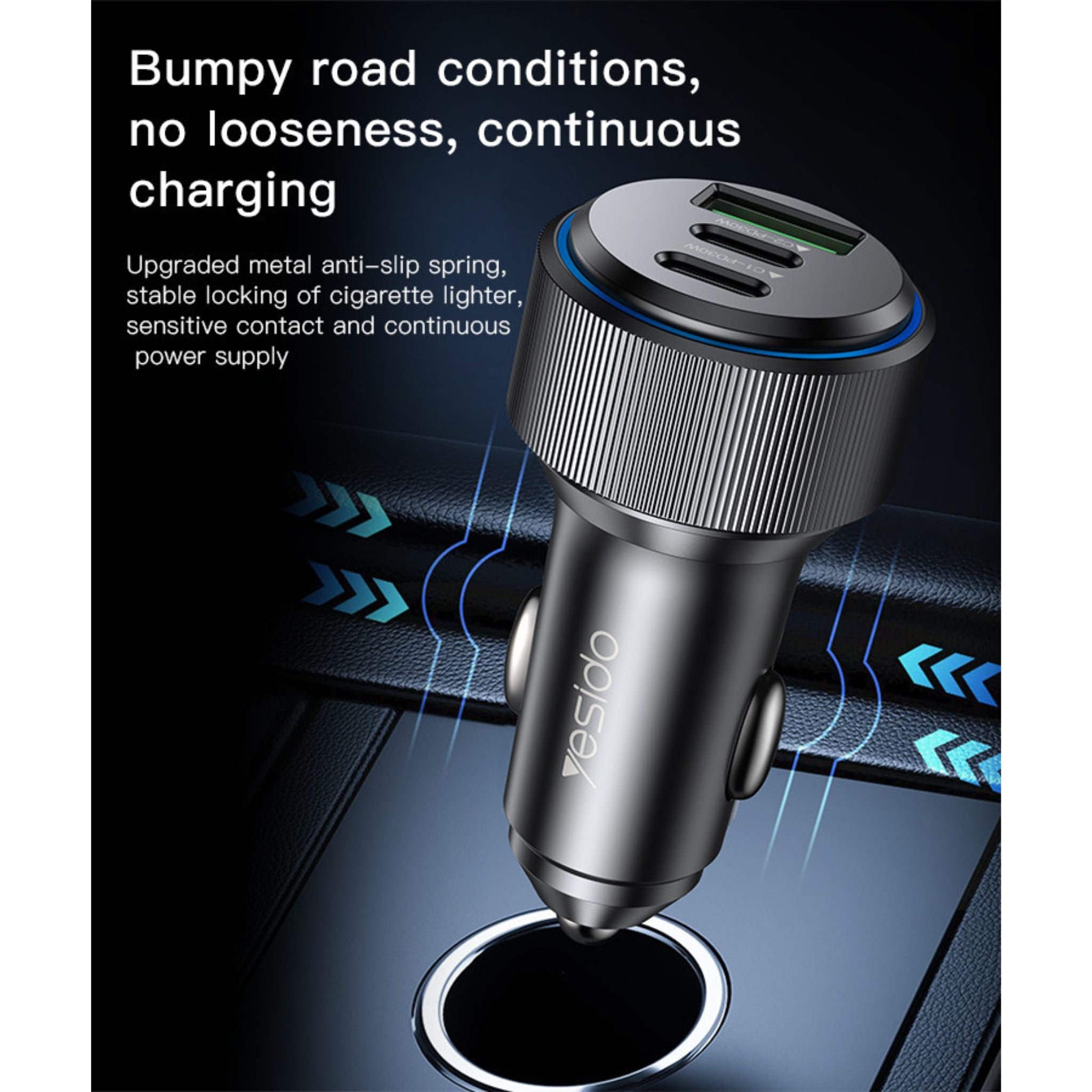 Yesido Y50 Car Charger | Type-C*2 + USB*1 3Ports Fast Charging Car Charger