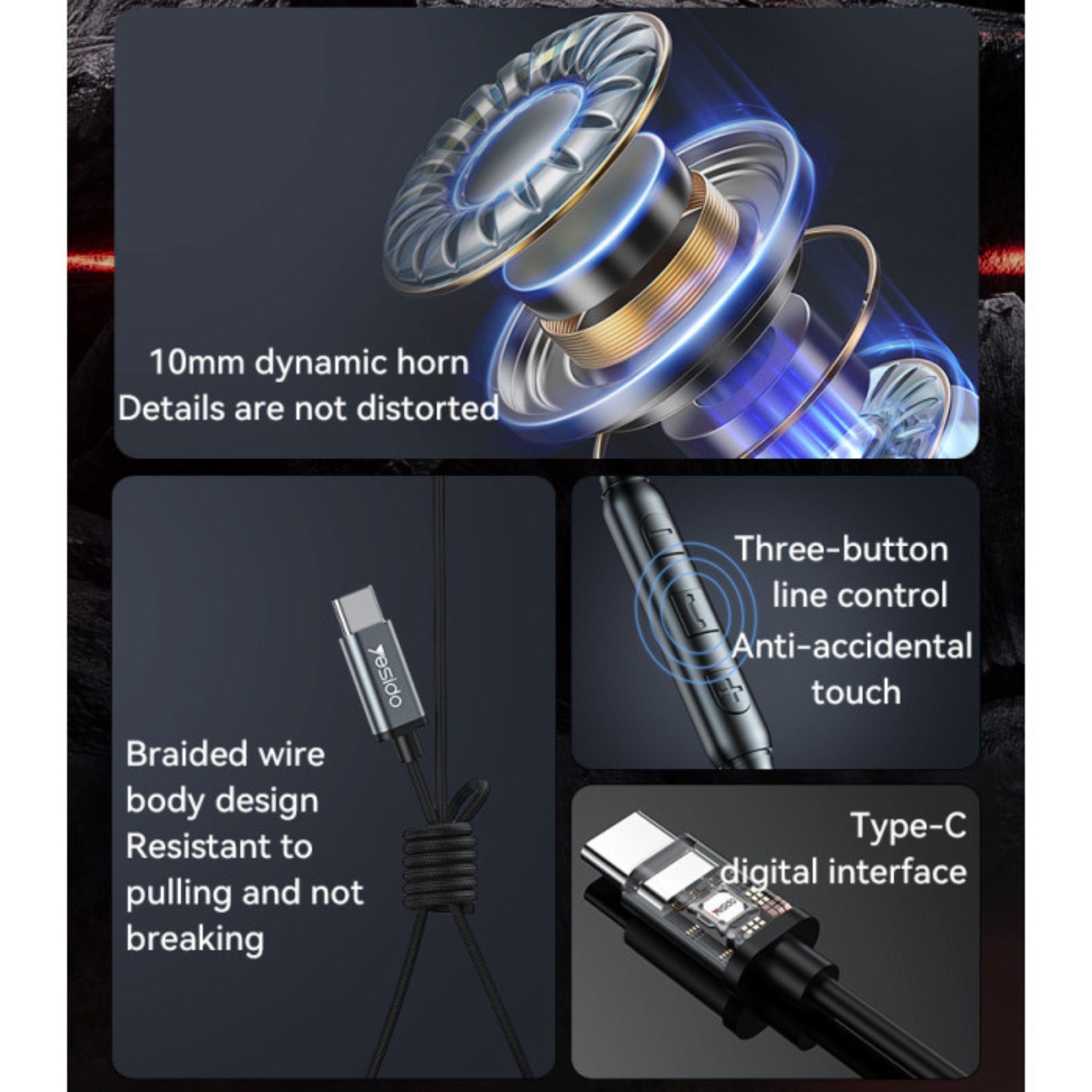 YESIDO YH43 HIFI Lossless Sound Quality 10mm Dynamic Speaker Type-C Digital Interface In-ear Earphone