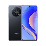 A HUAWEI nova Y90 smartphone in Midnight Black color, showing the front with a 6.7 inch Edgeless FullView Display and the back with a circular camera module.
