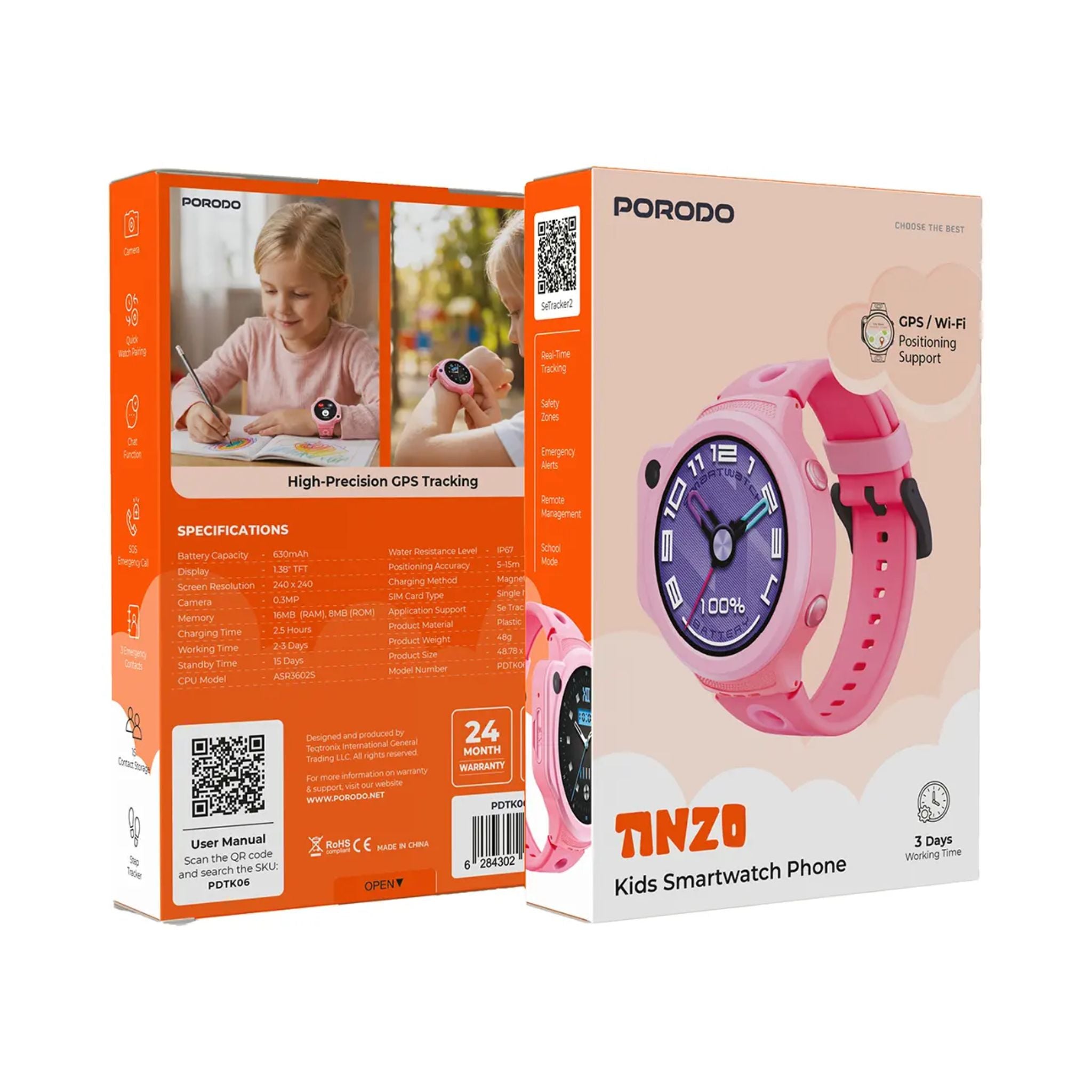 Porodo Tinzo Kids Smart Watch Phone - Pink