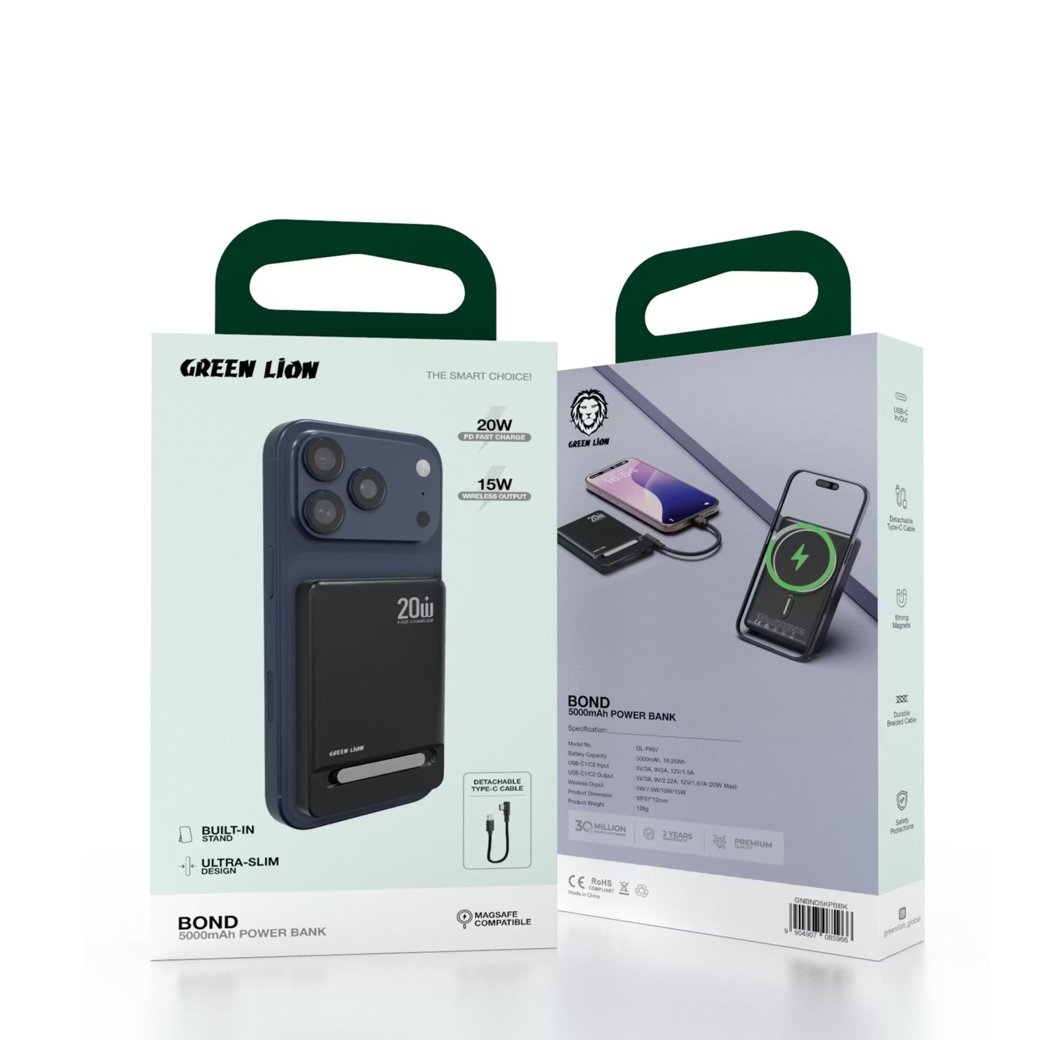 Green Lion Bond 5000mAh Power Bank with Safety Protections, Durable Braided Cable, Strong Magnets, Detachable Type-C Cable, Built-in Stand, MagSafe Compatibility, Ultra-Slim Design - Black