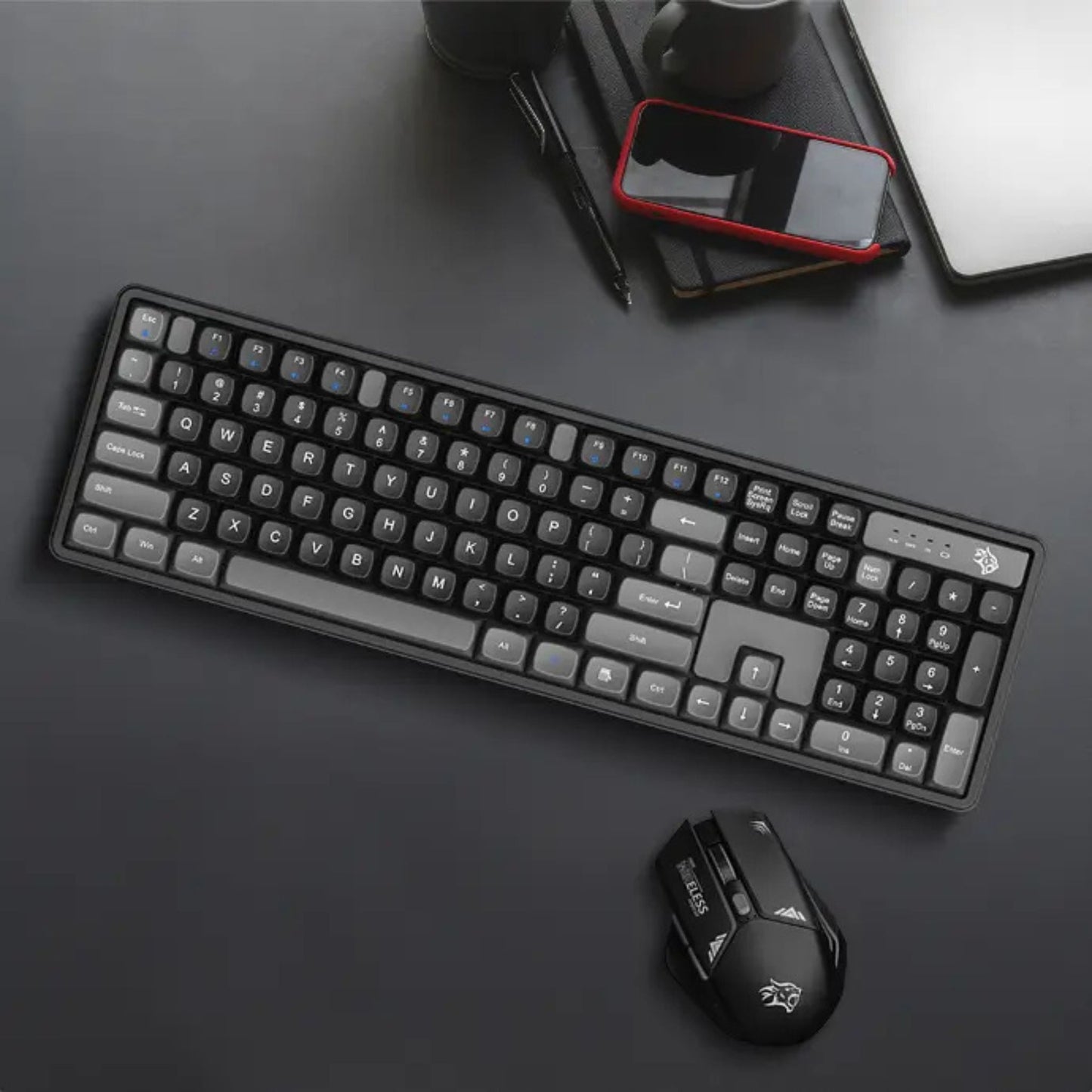 Porodo Gaming Wireless Keyboard with Mouse, 1600 DPI, Plug & Play, Gaming Design, Compatible with Windows & Mac - Gray / Black