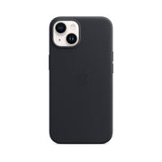  Midnight black leather iPhone 14 case with MagSafe compatibility, featuring precise cutouts for buttons and ports, and a camera lens alignment dot.