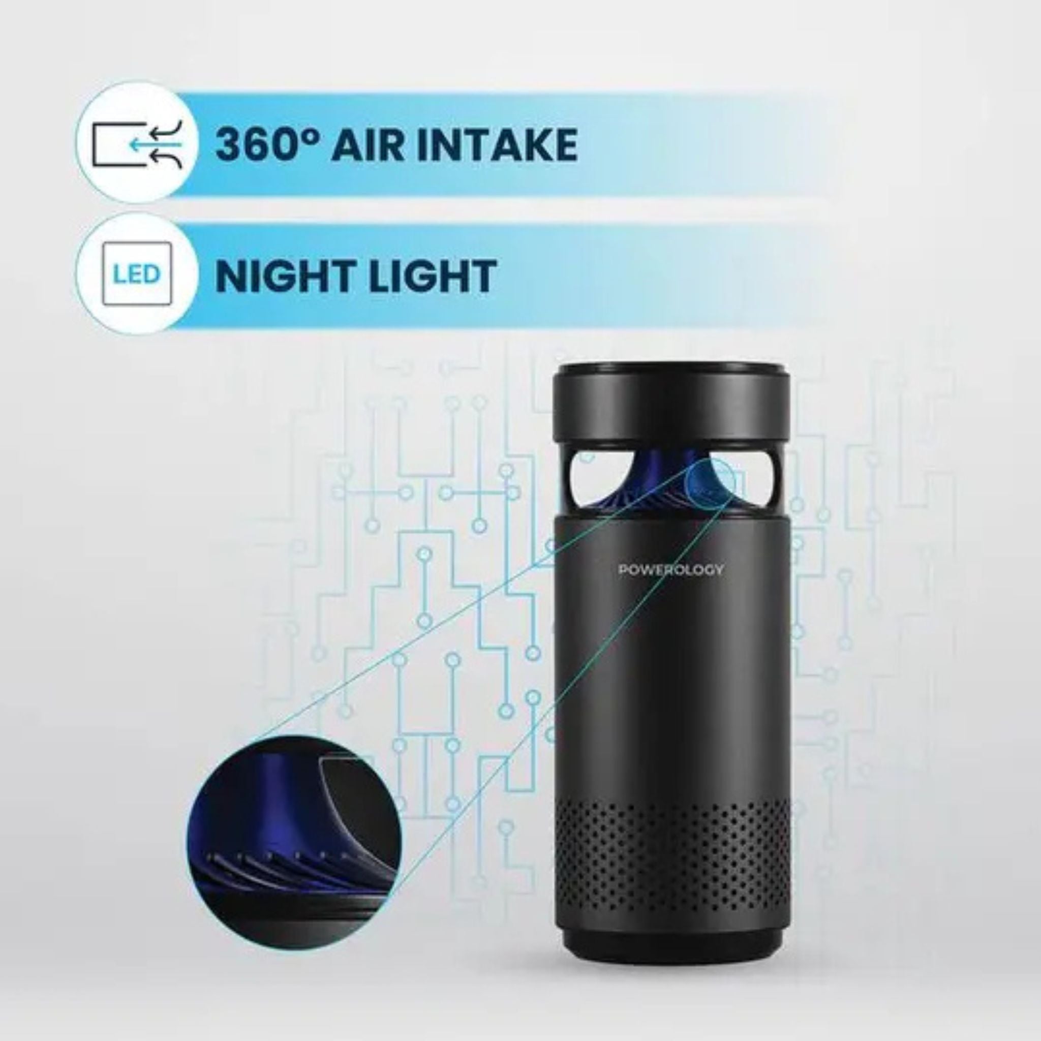 Powerology Portable Mini Air Purifier with 10 Hours Working Time, Less than 40dB Noise Level, Advanced UVC Sterilization, LED Night Light, 2200mAh Battery Capacity - Black