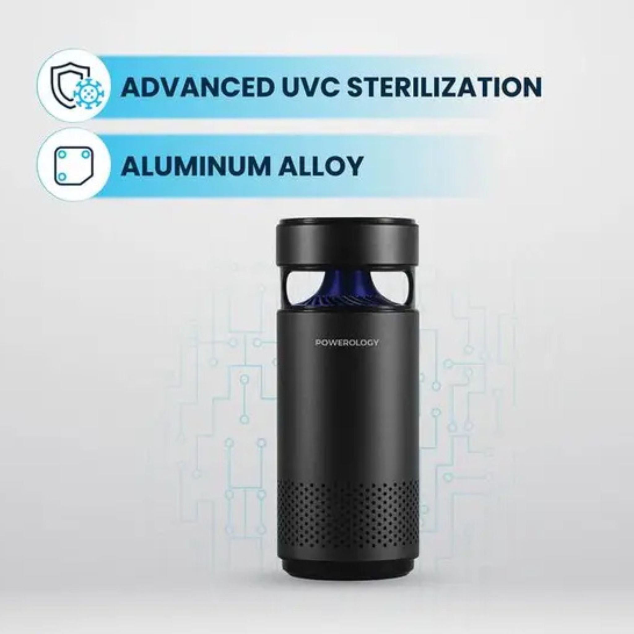 Powerology Portable Mini Air Purifier with 10 Hours Working Time, Less than 40dB Noise Level, Advanced UVC Sterilization, LED Night Light, 2200mAh Battery Capacity - Black