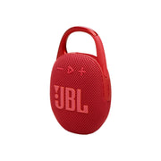 A red JBL Clip 5 portable wireless speaker with a built-in carabiner.
