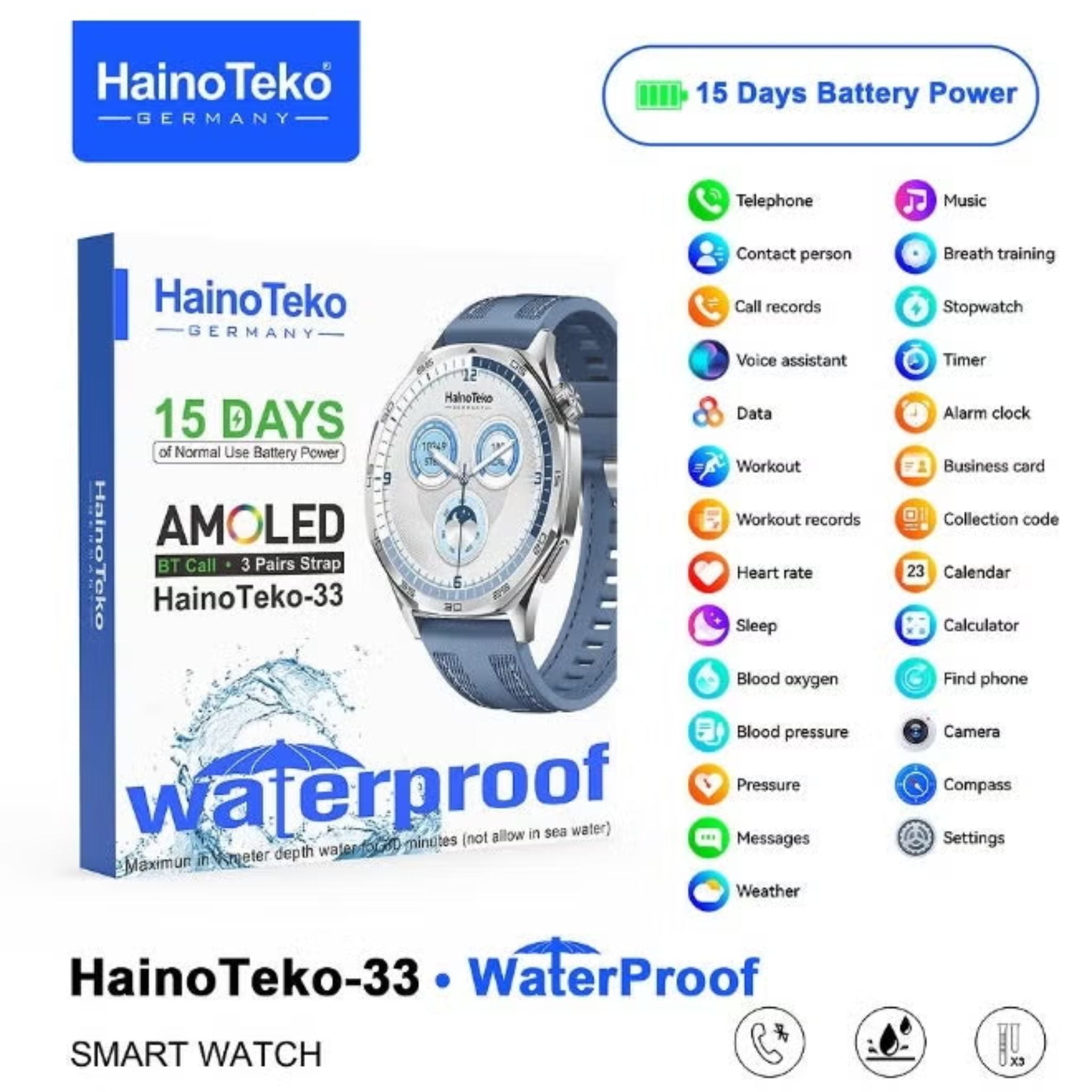 HainoTeko-33 Waterproof Smart Watch With AMOLED Display Bluetooth Calling 15 Days Battery Life and 3 Pair Straps Designed for Men - Black