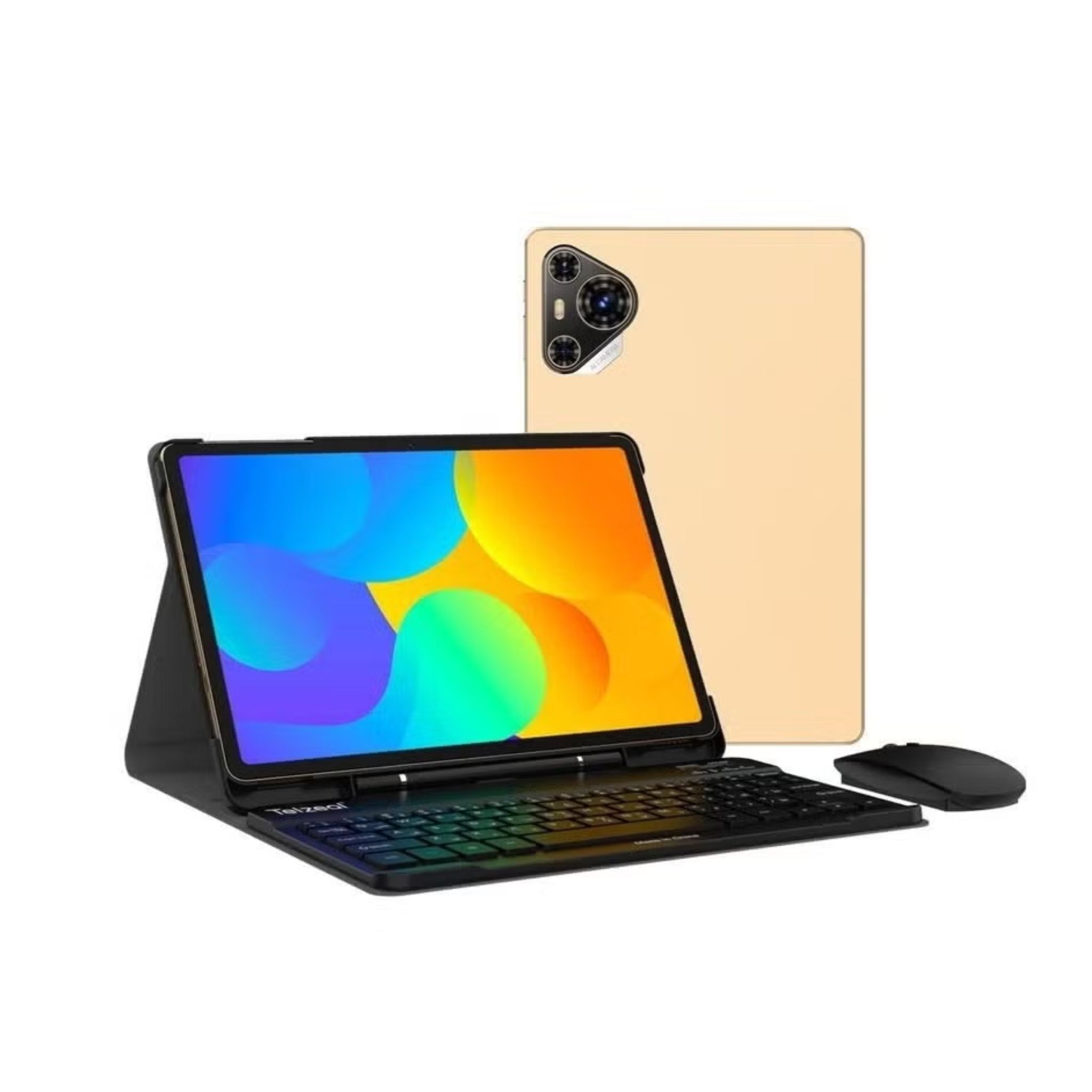 Telzeal P200 Tablet Gold | 11-Inch In-Cell Display | 12GB RAM + 512GB ROM | 10,000mAh | Dual SIM | Android 13 | Leather Case, Wireless Keyboard & Mouse - Gold