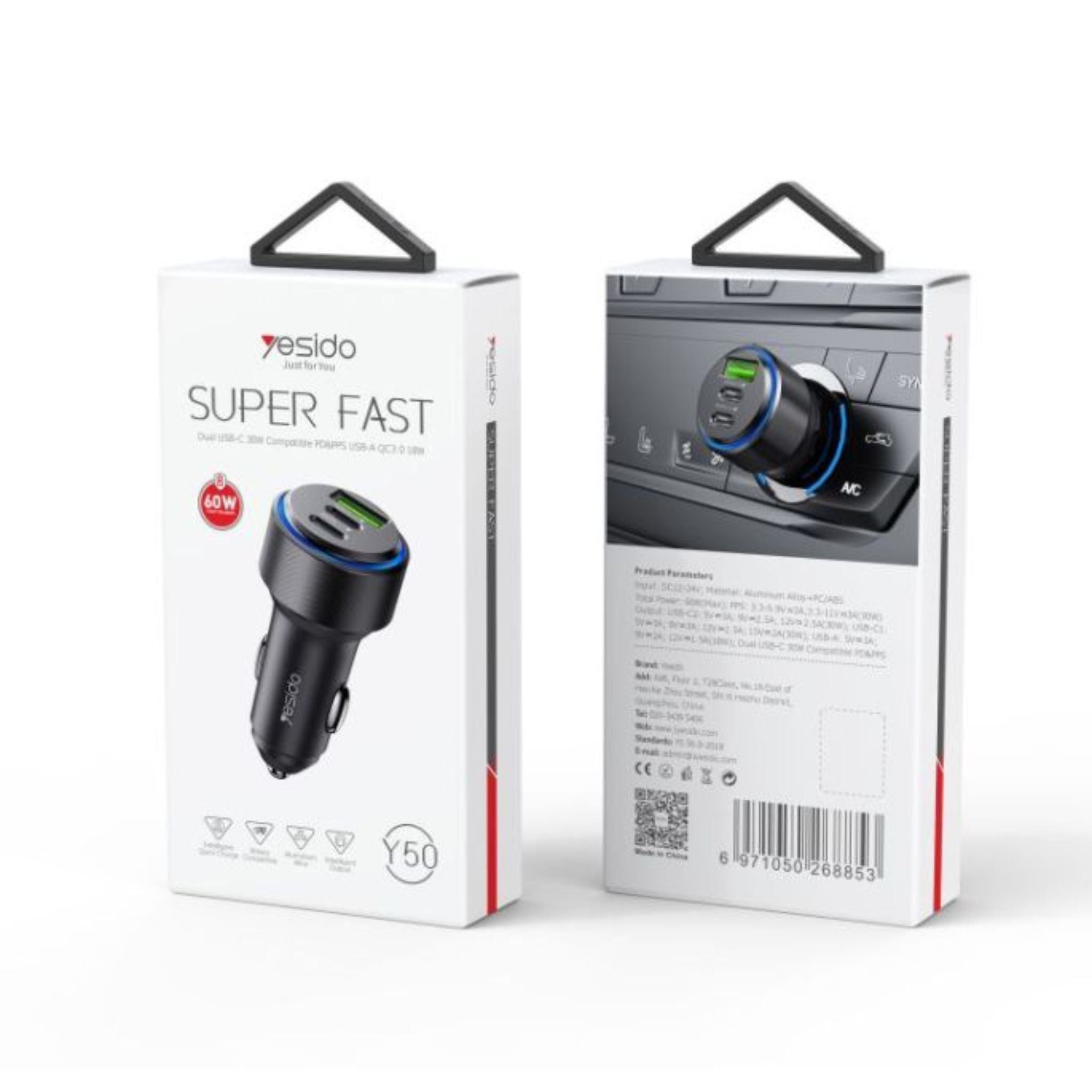 Yesido Y50 Car Charger | Type-C*2 + USB*1 3Ports Fast Charging Car Charger