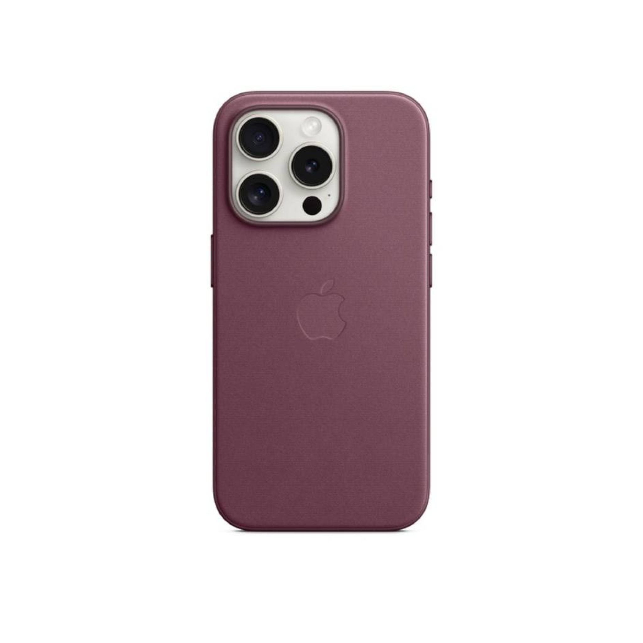 A purple Apple FineWoven case with MagSafe designed for the iPhone 15 Pro, showing the back camera array and Apple logo.