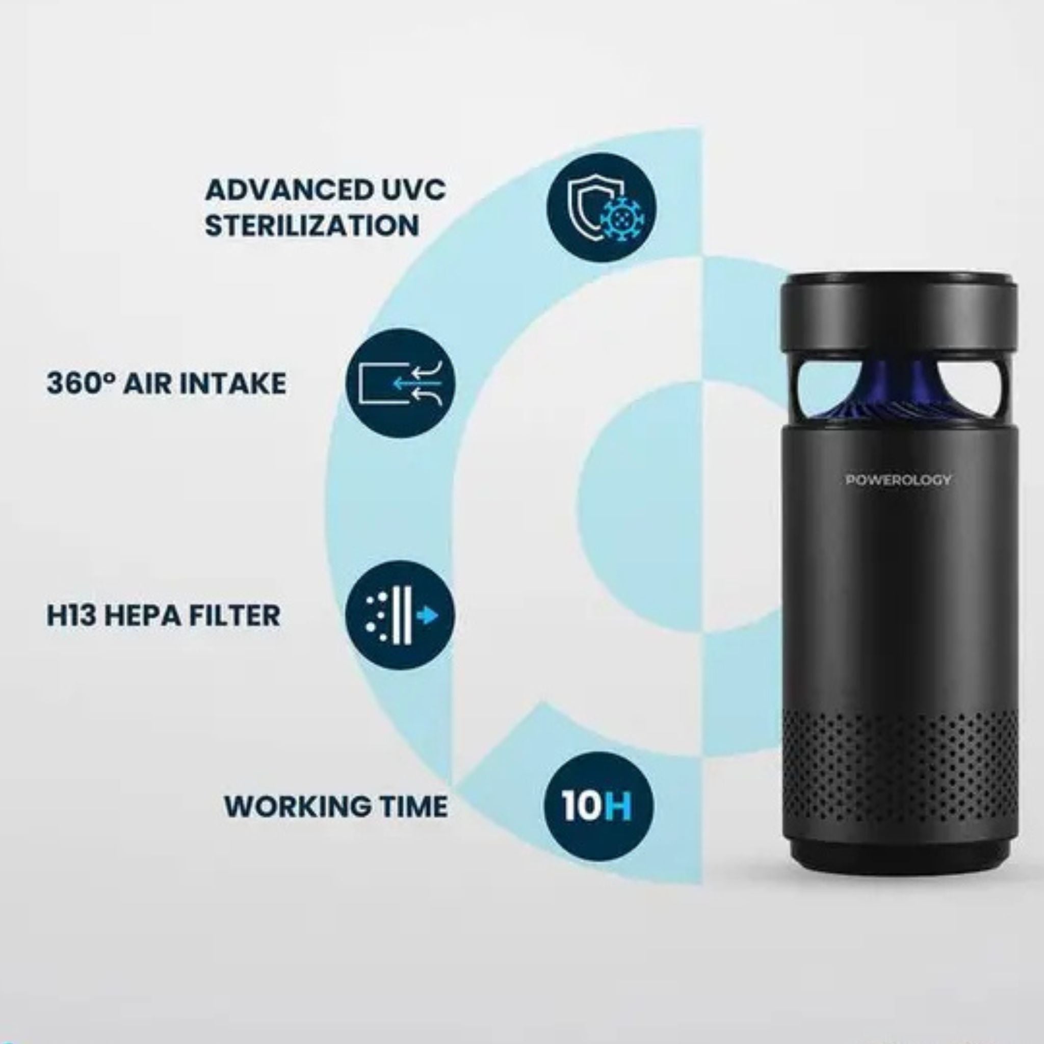 Powerology Portable Mini Air Purifier with 10 Hours Working Time, Less than 40dB Noise Level, Advanced UVC Sterilization, LED Night Light, 2200mAh Battery Capacity - Black