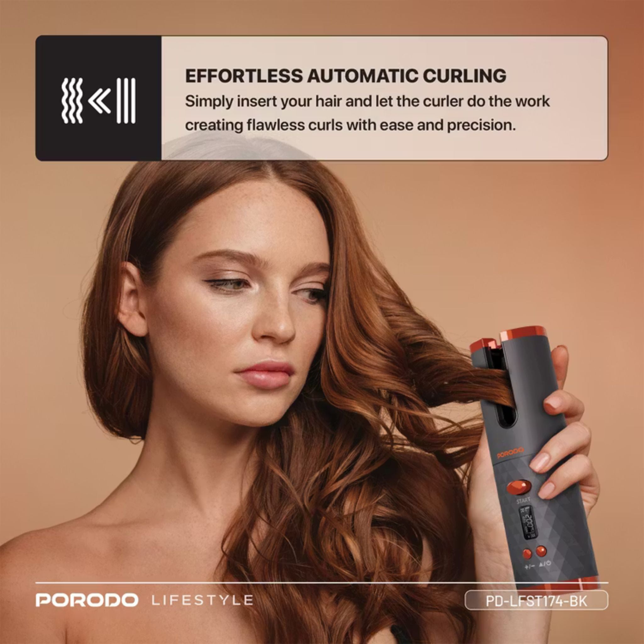 Porodo Automatic Hair Curler with Internal Dual Barrel, Effortless Automatic Curling, Cordless, 30 Minutes Working Time, Precise Heat and Timer Control, Standby Time 60 Minutes - Black