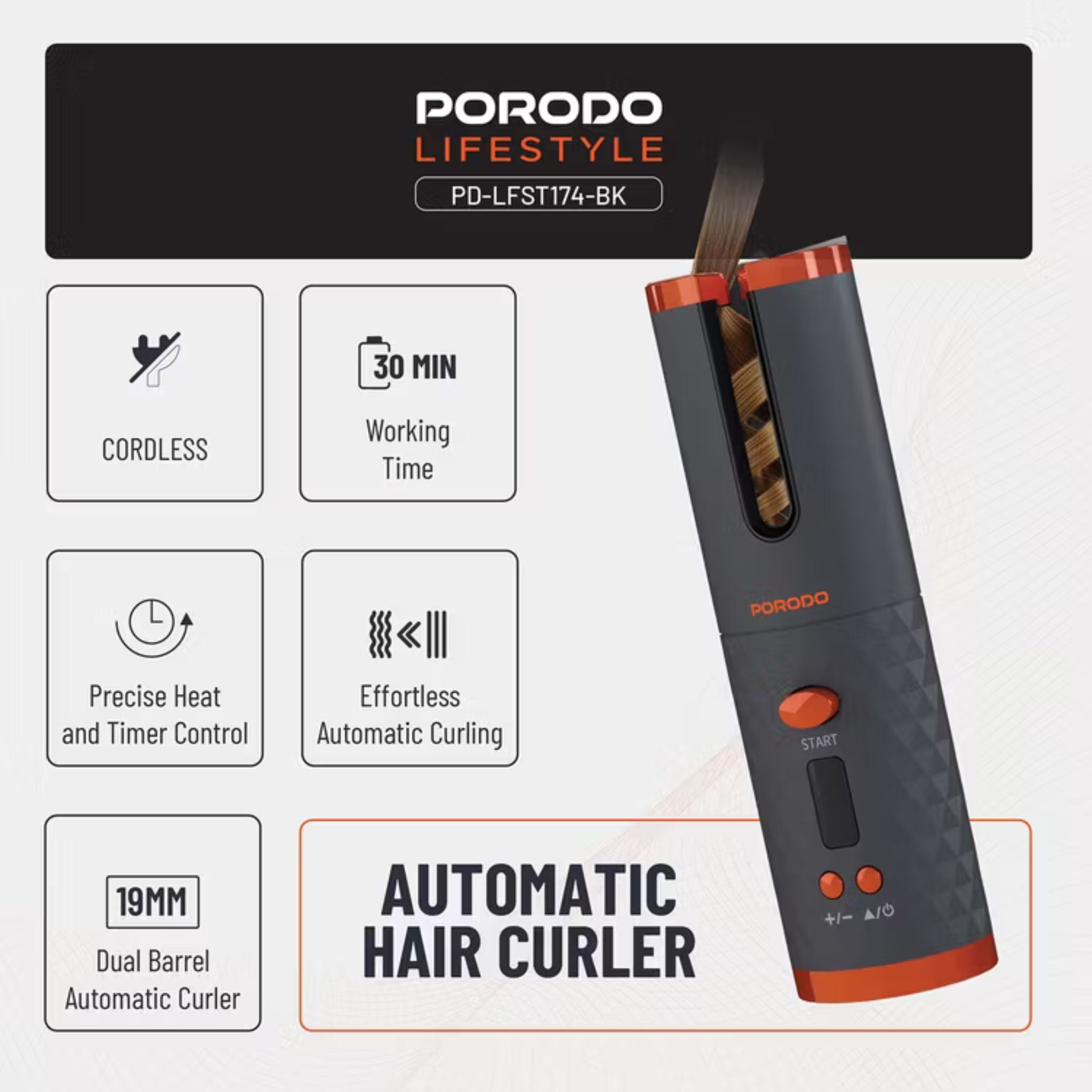 Porodo Automatic Hair Curler with Internal Dual Barrel, Effortless Automatic Curling, Cordless, 30 Minutes Working Time, Precise Heat and Timer Control, Standby Time 60 Minutes - Black