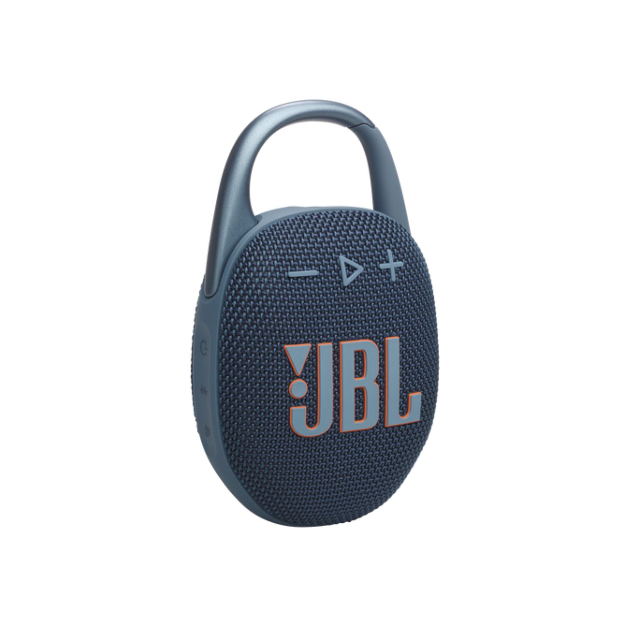 A blue JBL Clip 5 waterproof portable speaker with a carabiner clip and volume control buttons.