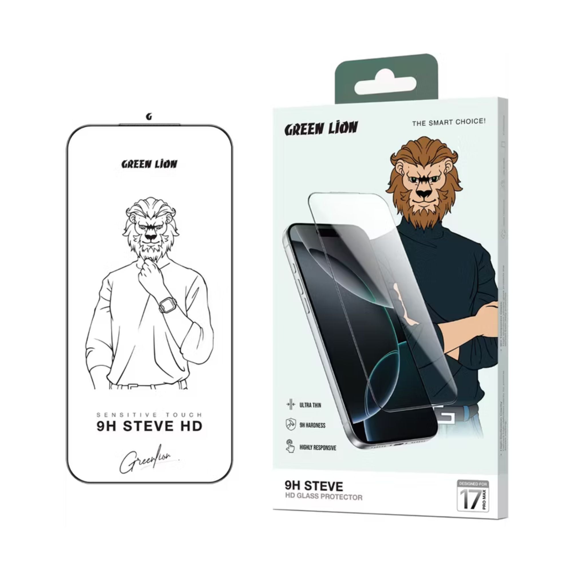 Green Lion 9H Steve HD Screen Protector for iPhone 17 Pro Max, 0.33mm Ultra-Thin Design, Double-Tempered Glass, Shock-Proof Edges, Crystal Clear Display, Anti-Scratch, Full-Screen Coverage, Dust-Proof Mesh, Anti-Fingerprint - Clear