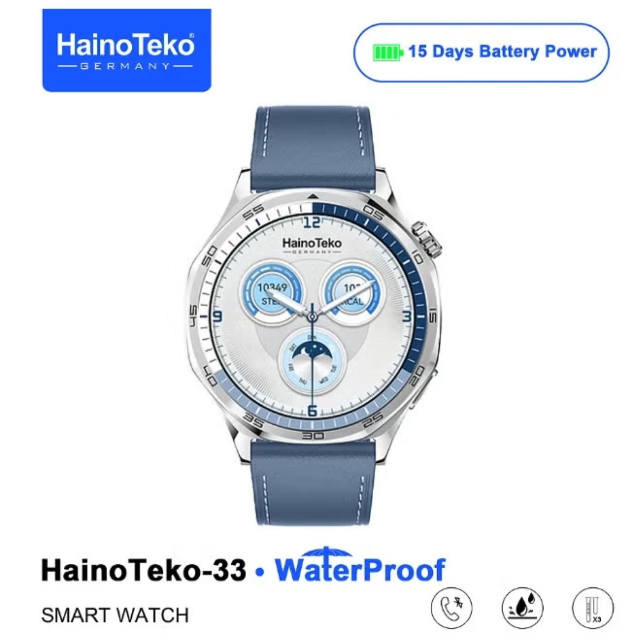 HainoTeko-33 Waterproof Smart Watch With AMOLED Display Bluetooth Calling 15 Days Battery Life and 3 Pair Straps Designed for Men -  Blue