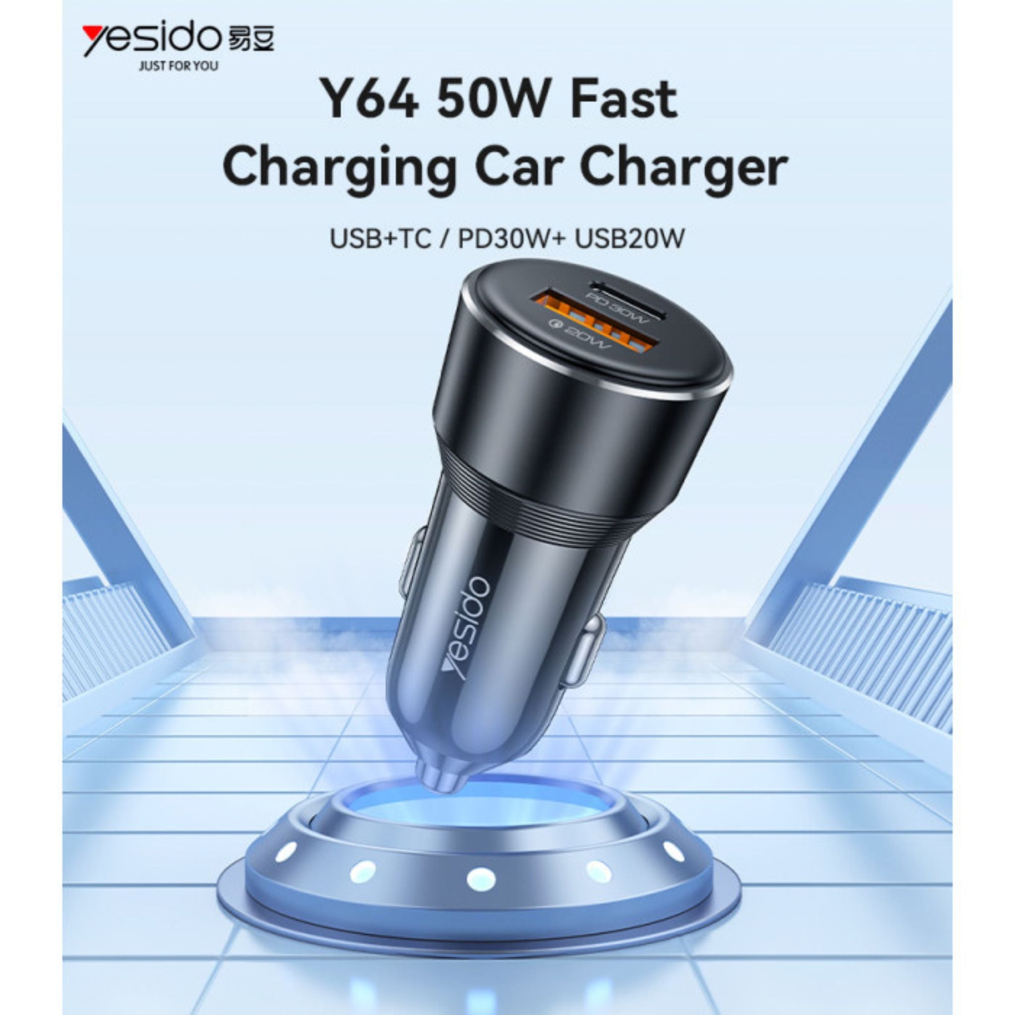 Yesido Y64 Aluminum Alloy USB + TC PD30W + USB20W Multi Protection 50w Fast Charging Car Charger - Black