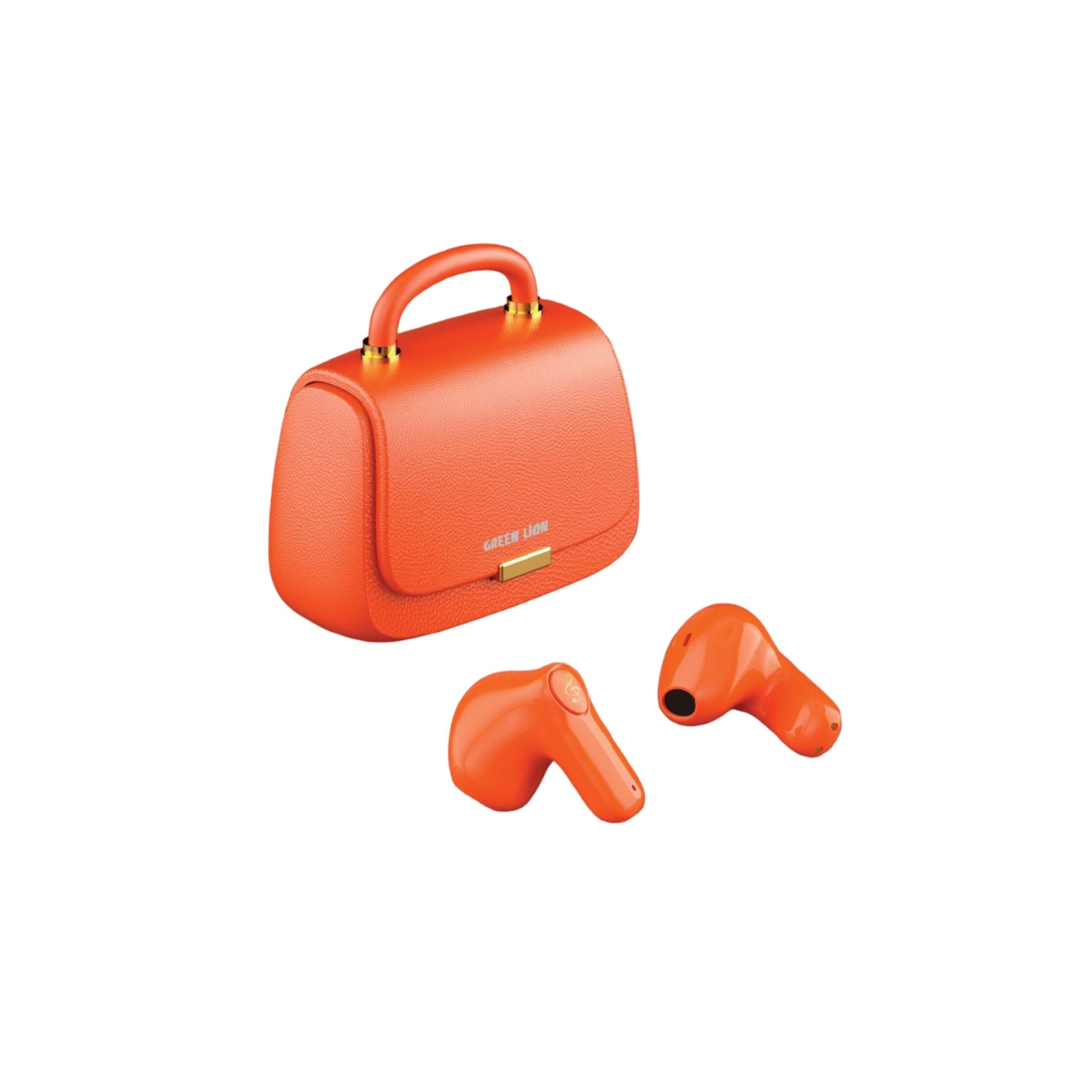 Green Lion Queen's Mini Bag Style True Wireless Earbuds, JL6983 Chipset, Bluetooth Version 5.3, Up to 15 m Bluetooth Range, 5 Hours Playtime, Up to 16 Hours with Charging Case, 300 mAh Charging Case Battery, IPX4 Water Resistance Level - Orange