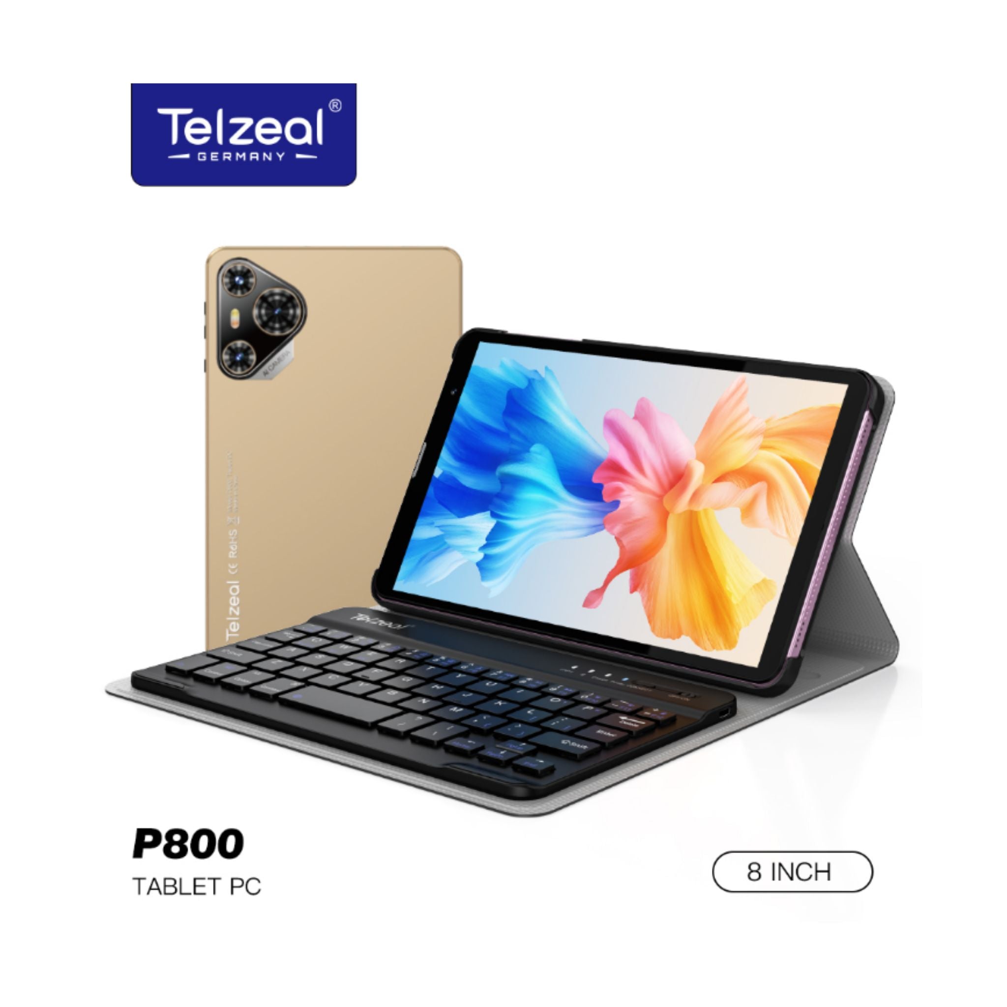 Telzeal P800 Tablet 8 Inch Android 12 Tablet with Dual SIM 6GB RAM 256GB ROM 5G WiFi 5000mAh Battery and Wireless Keyboard -Gold
