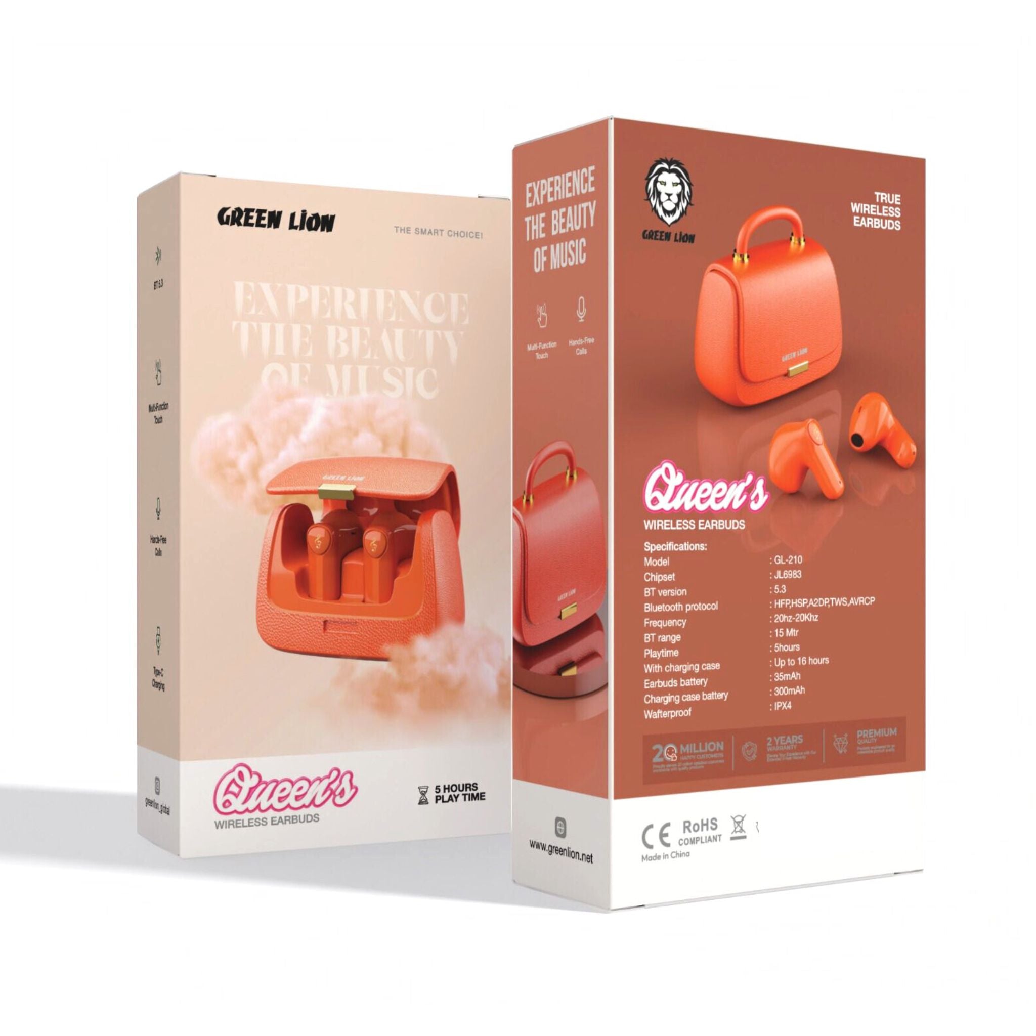 Green Lion Queen's Mini Bag Style True Wireless Earbuds, JL6983 Chipset, Bluetooth Version 5.3, Up to 15 m Bluetooth Range, 5 Hours Playtime, Up to 16 Hours with Charging Case, 300 mAh Charging Case Battery, IPX4 Water Resistance Level - Orange
