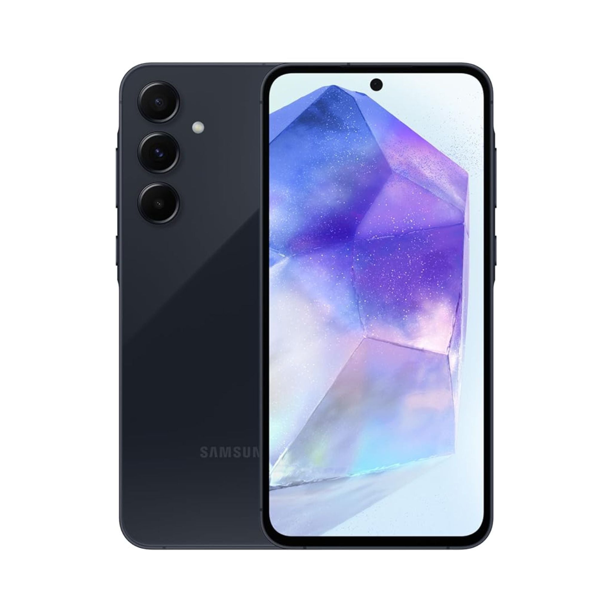 Samsung Galaxy A55 5G smartphone in navy color, displaying its front screen and rear camera layout.