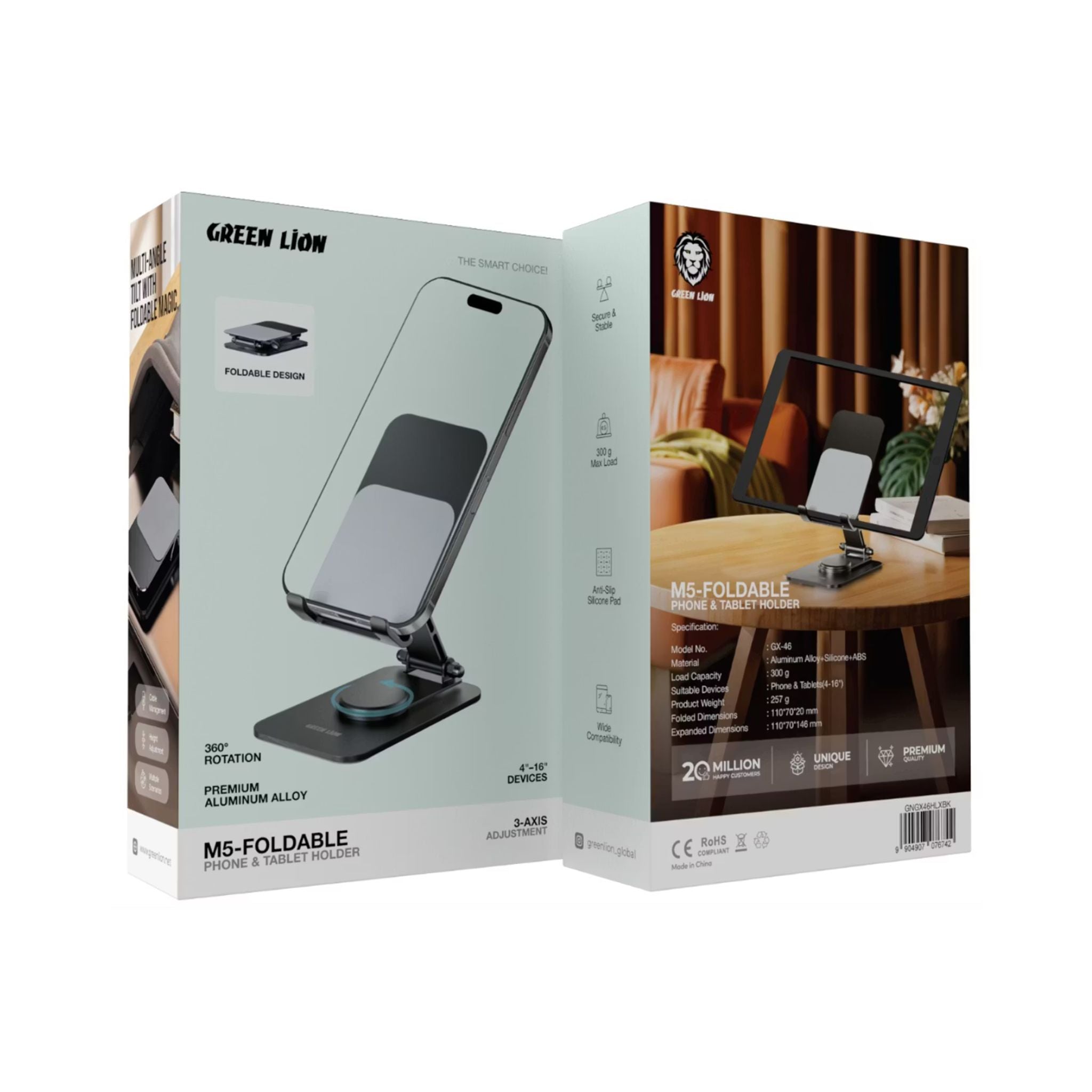 Green Lion M5-Foldable Phone & Tablet Holder, Compatible with 4-16" Devices, Cable Management, Anti-Slip Silicone Pad, 3-Axis Adjustment, Up to 300g Load Capacity - Black