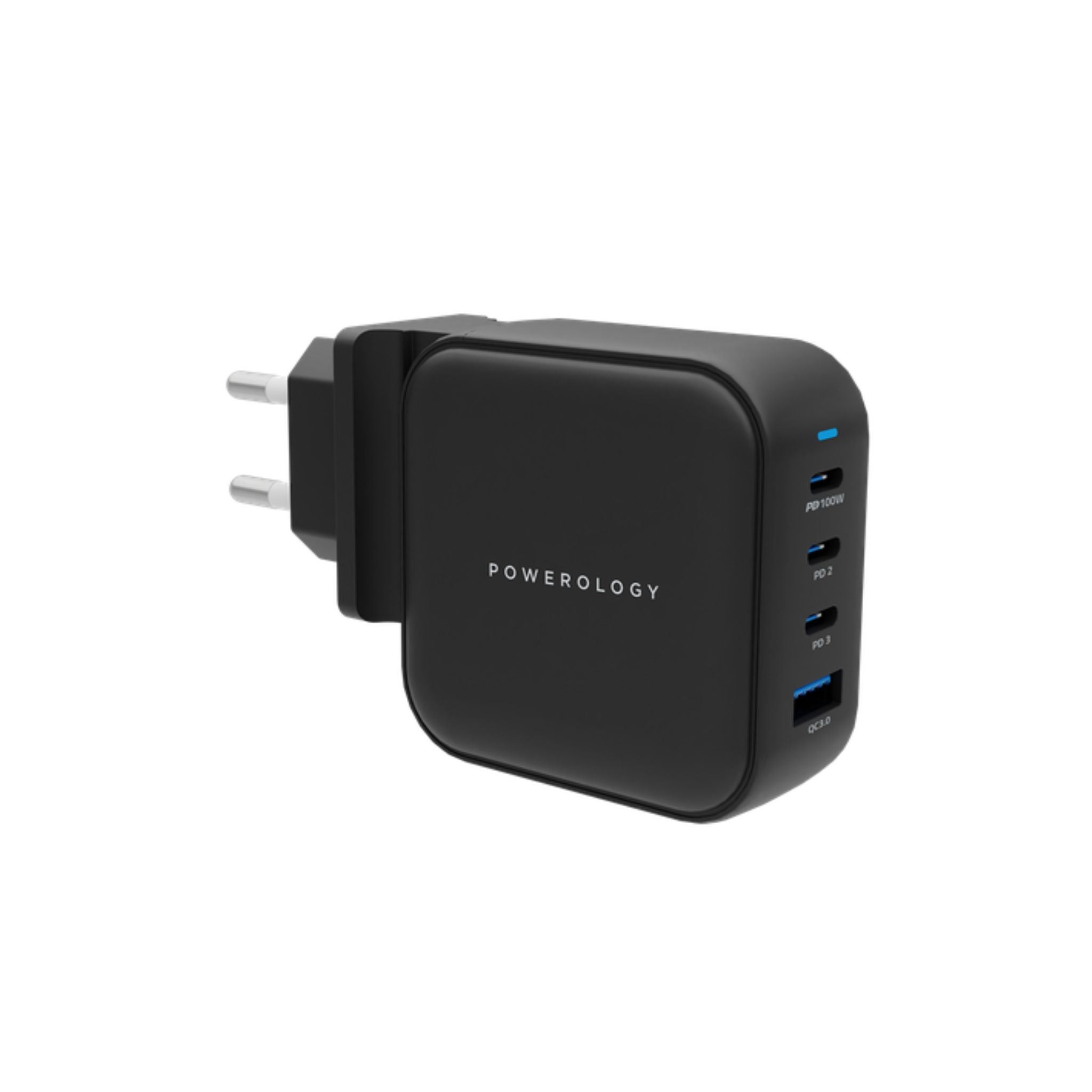 Powerology 100W Triple PD GaN Charger with EU & UK Plug, 3 USB-C Ports & USB-A Port, Built-in Safeguard, Multi Device Charging, Fast Charge, Laptop Charger - Black