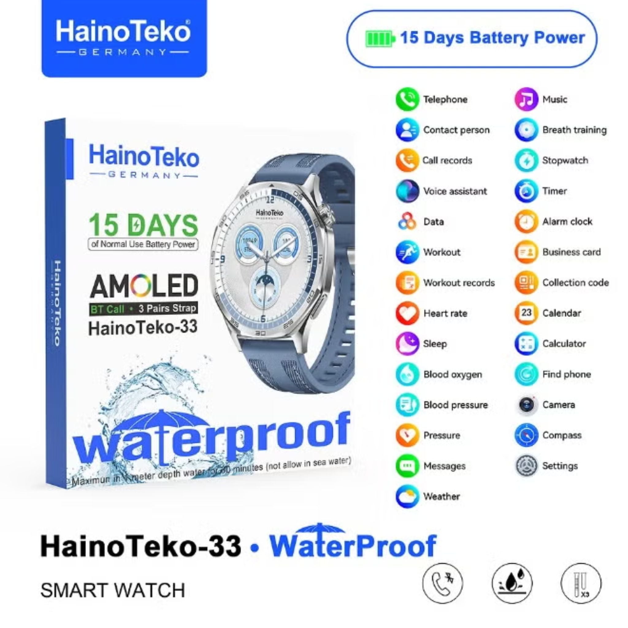 HainoTeko-33 Waterproof Smart Watch With AMOLED Display Bluetooth Calling 15 Days Battery Life and 3 Pair Straps Designed for Men -  Blue