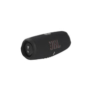 A black JBL Charge 5 portable Bluetooth speaker with deep bass, IP67 waterproof and dustproof rating, and built-in powerbank.