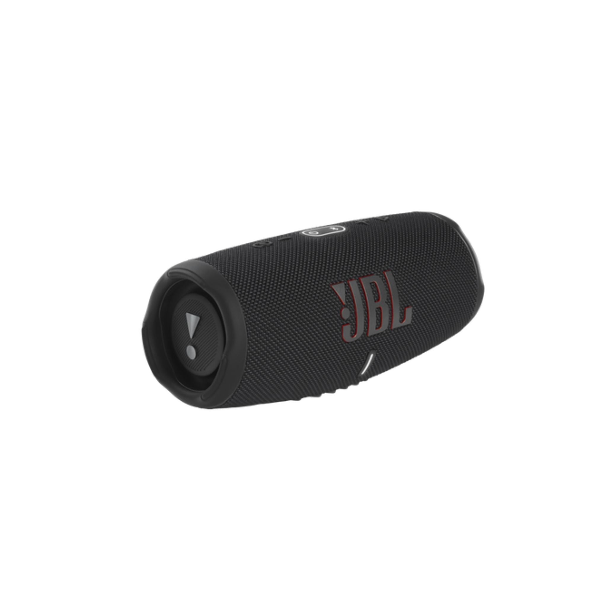 A black JBL Charge 5 portable Bluetooth speaker with deep bass, IP67 waterproof and dustproof rating, and built-in powerbank.