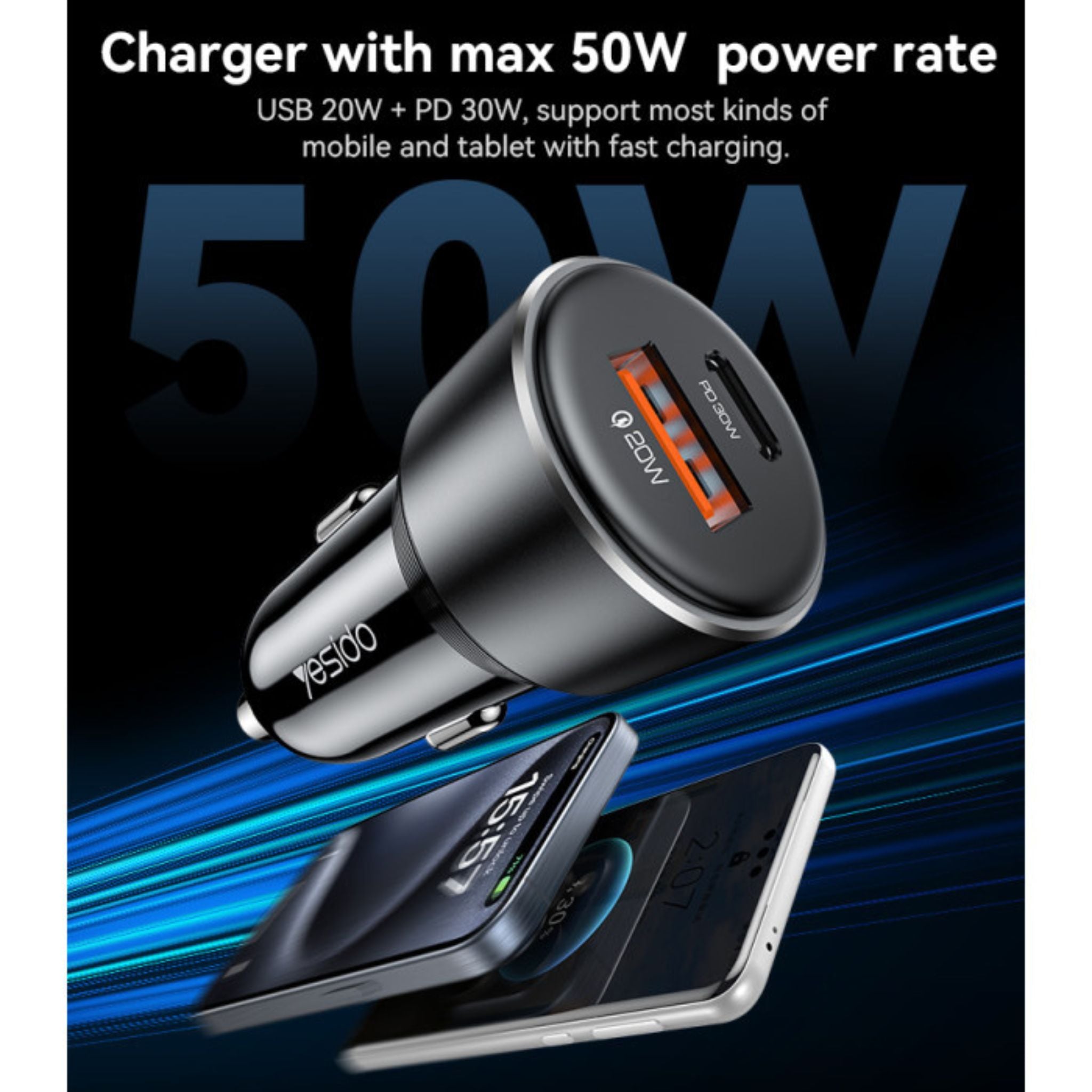 Yesido Y64 Aluminum Alloy USB + TC PD30W + USB20W Multi Protection 50w Fast Charging Car Charger - Black
