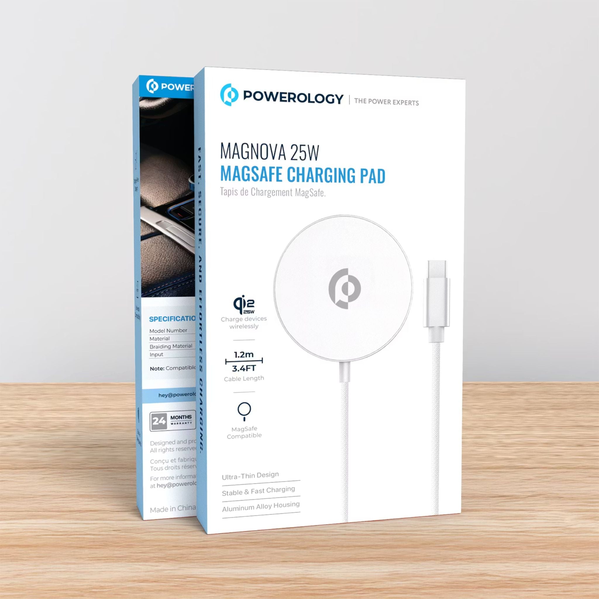 Powerology Magnova 25W MagSafe Charging Pad, PC & Aluminum Alloy Material, USB-C Input, 1.2m Cable Length, Universal Compatibility, Built-in Safeguards, Fast Charge, Tangle-Free Design - Silver