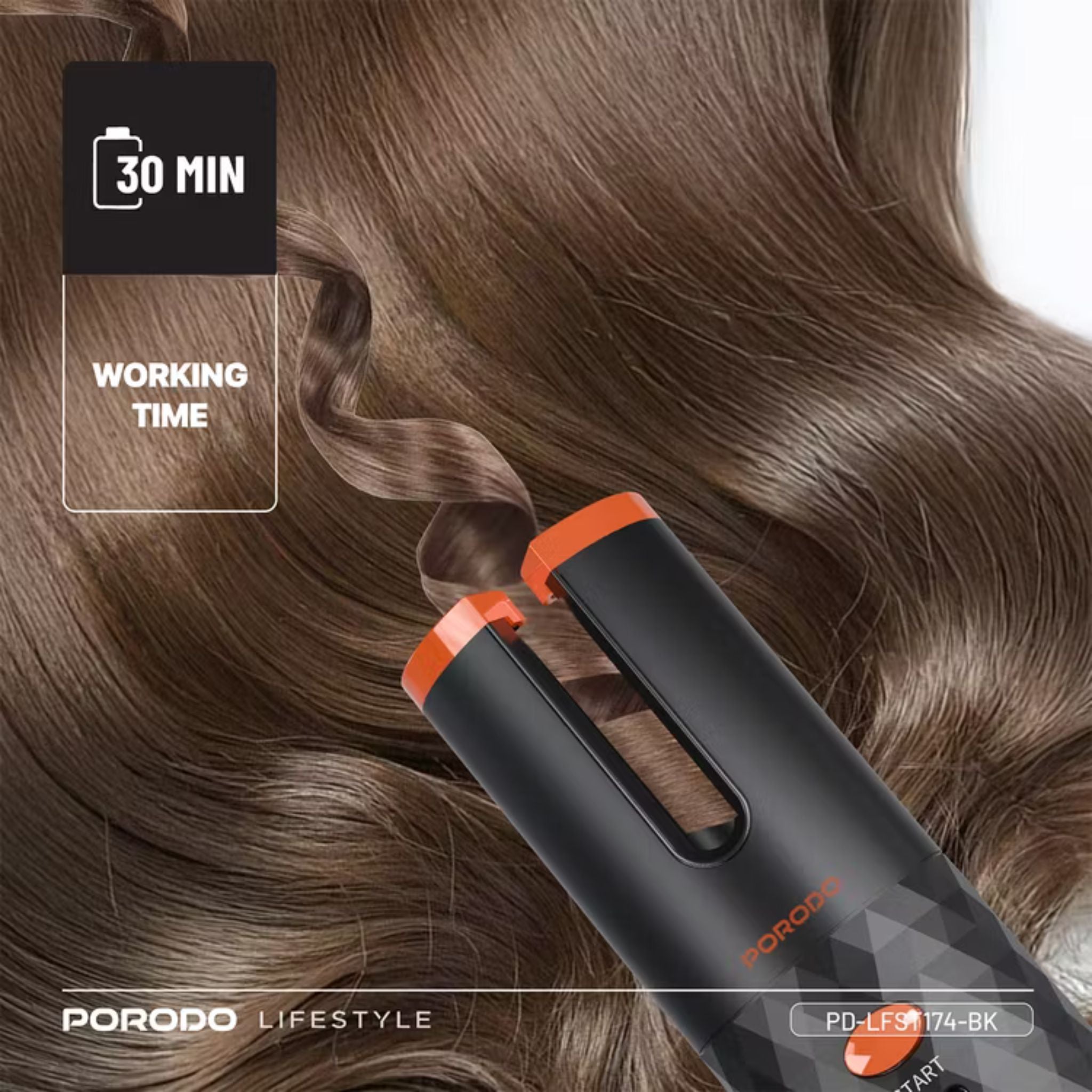 Porodo Automatic Hair Curler with Internal Dual Barrel, Effortless Automatic Curling, Cordless, 30 Minutes Working Time, Precise Heat and Timer Control, Standby Time 60 Minutes - Black