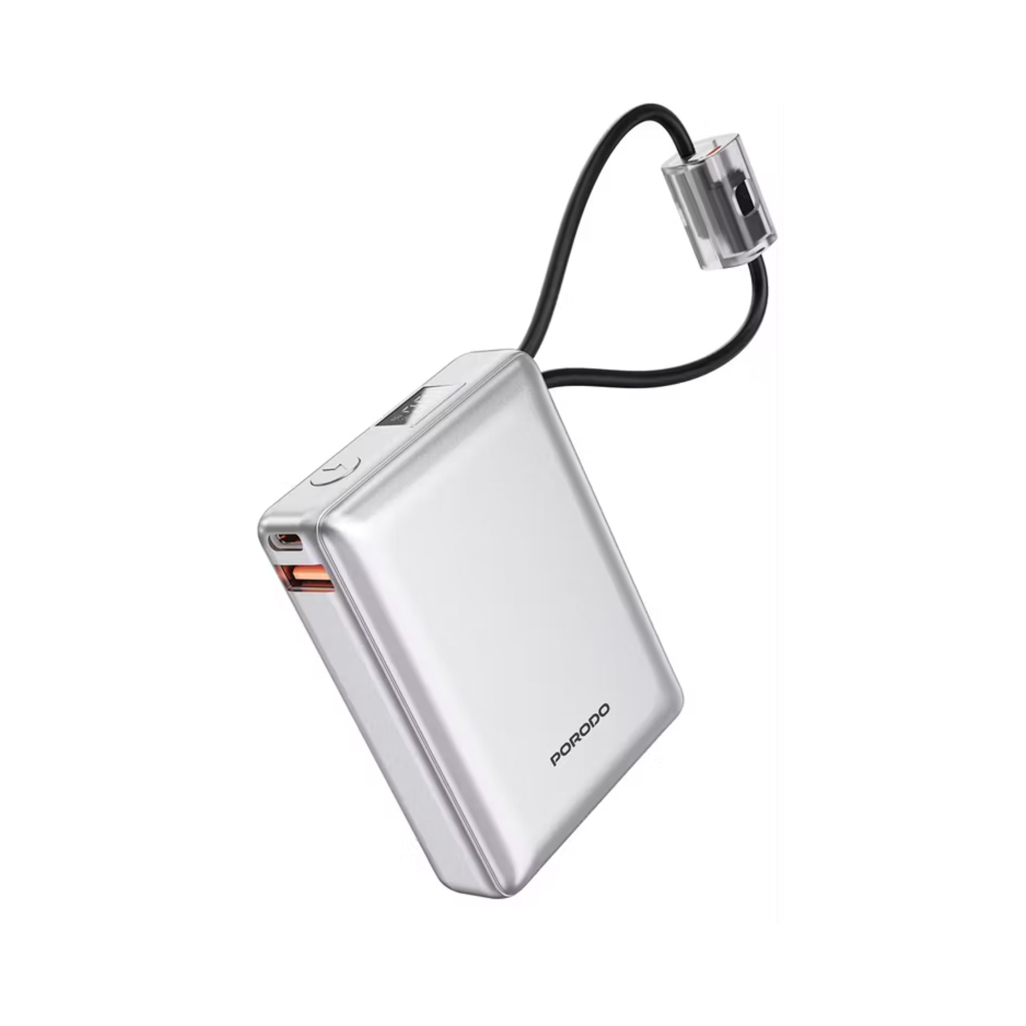 Porodo Petite 10000mAh Power Bank with Integrated Type-C & Lightning Cable, PD 20W, USB-A & USB-C Ports, Fast Charge Support, Digital Display, Universal Compatibility - Silver