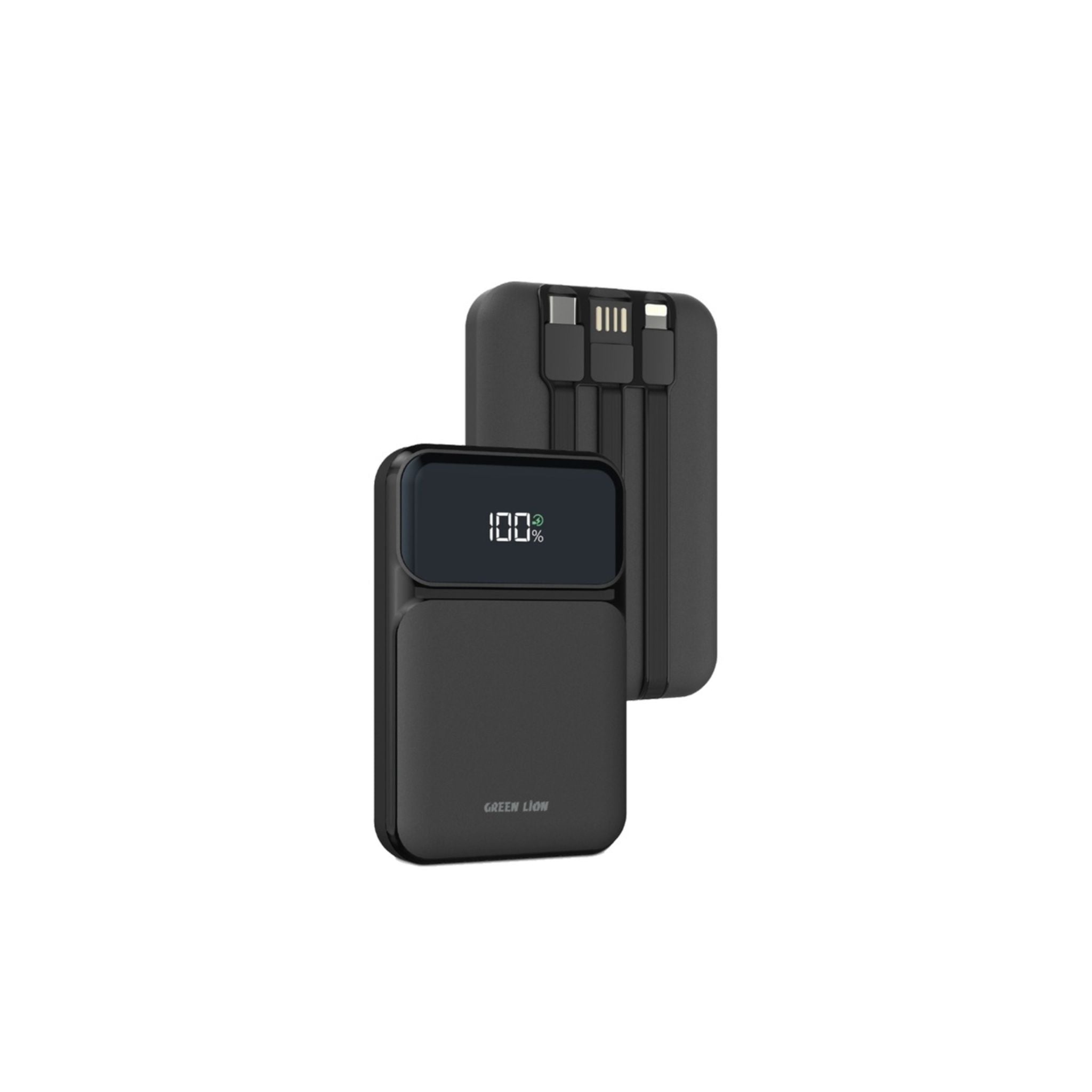 Green Lion 3In1 Integrated Power Bank 10000mAh, Charging Protection PD 20W, USB-A Port, Digital Display, Built-In Lightning Type-C USB Cables - Black