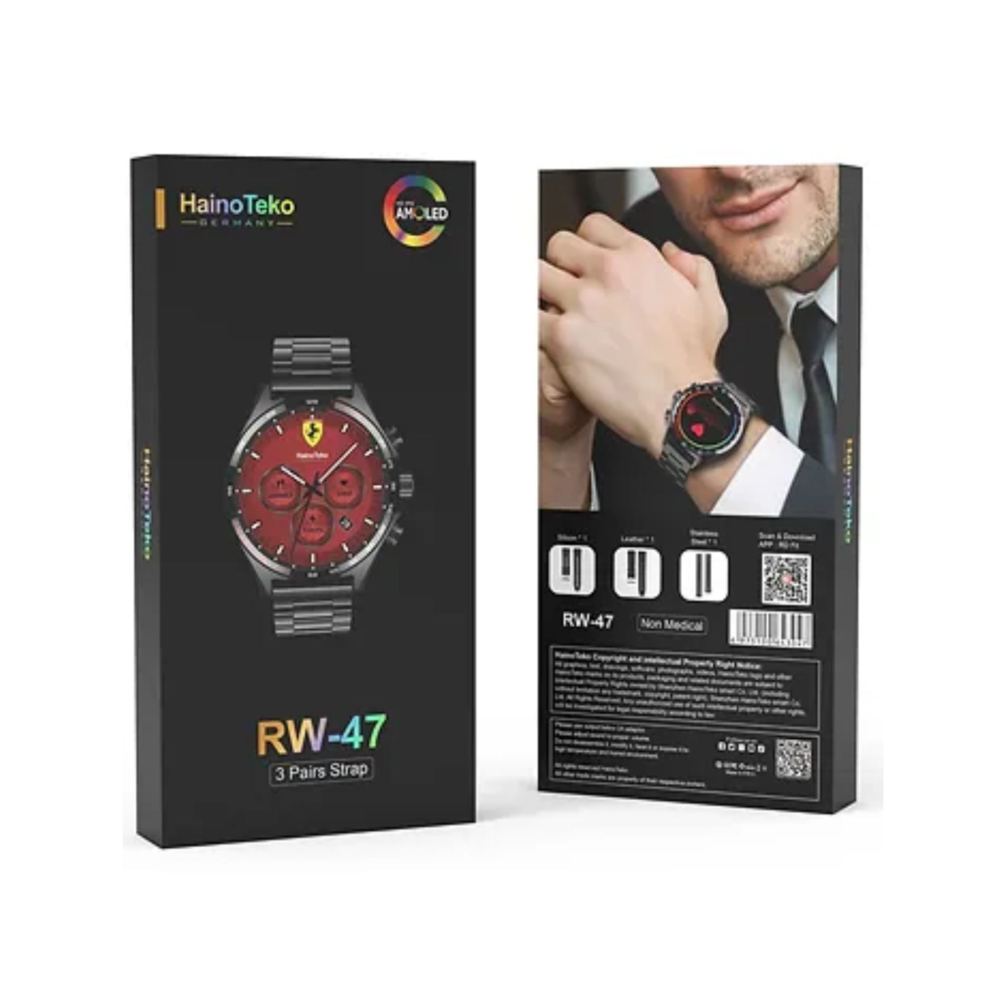 Premium Haino teko RW47 with 3 Bands (Stainless Steel + Leather + Silicone) Smartwatches Limited Edition-Black