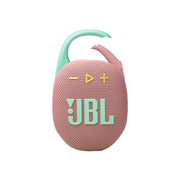 A pink JBL Clip 5 portable wireless speaker with a carabiner attached to it.