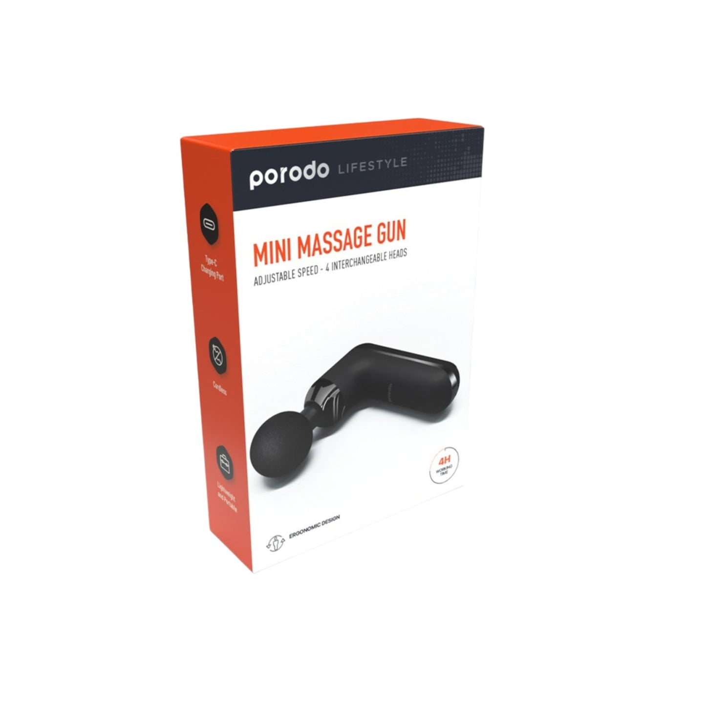 Porodo Lifestyle Mini Massage Gun 2000mAh Battery, Cordless, Adjustable Speed, 4 Interchangeable Heads, USB-C Charging, Lightweight & Portable, Ergonomic & Low Noise Design_Black