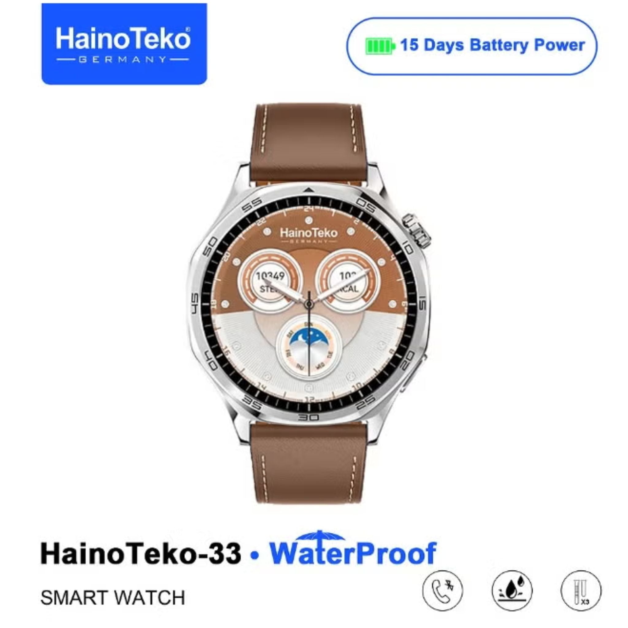 HainoTeko-33 Waterproof Smart Watch With AMOLED Display Bluetooth Calling 15 Days Battery Life and 3 Pair Straps Designed for Men - Silver