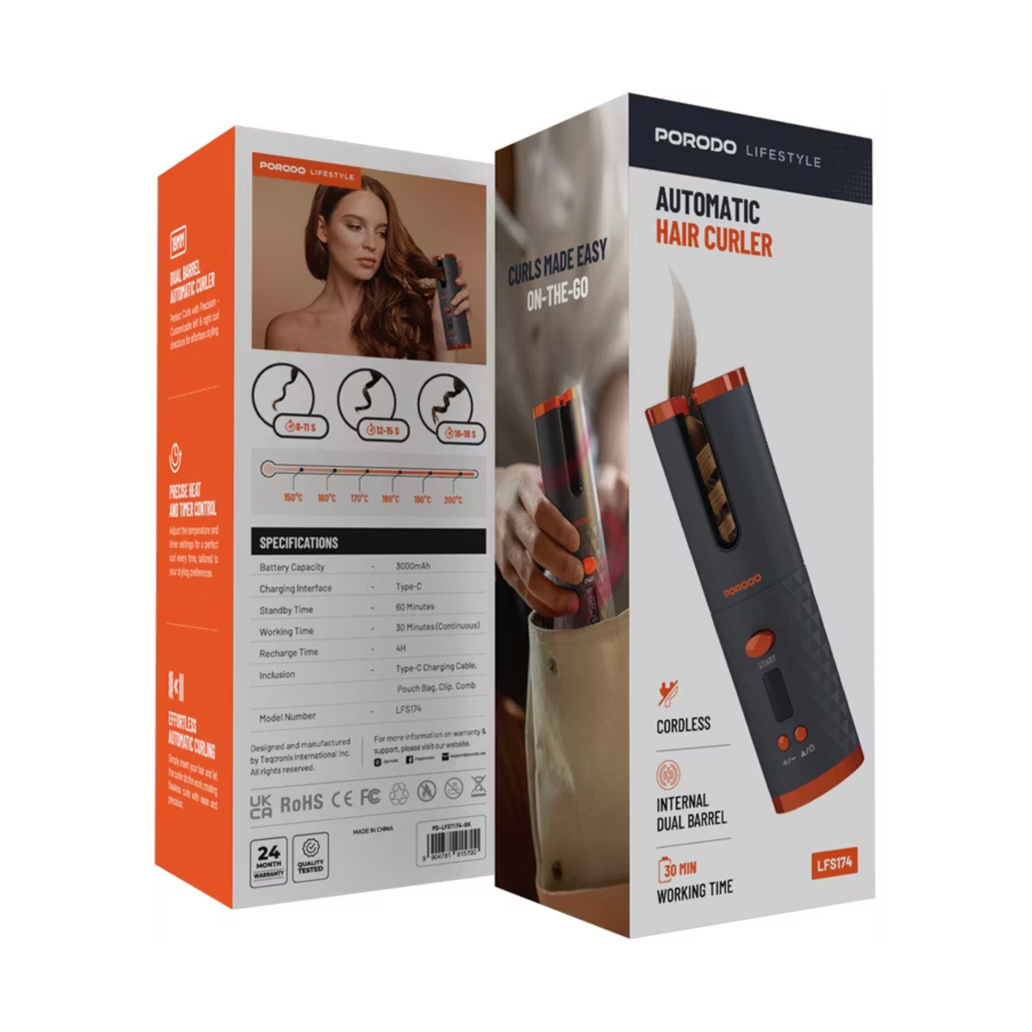 Porodo Automatic Hair Curler with Internal Dual Barrel, Effortless Automatic Curling, Cordless, 30 Minutes Working Time, Precise Heat and Timer Control, Standby Time 60 Minutes - Black