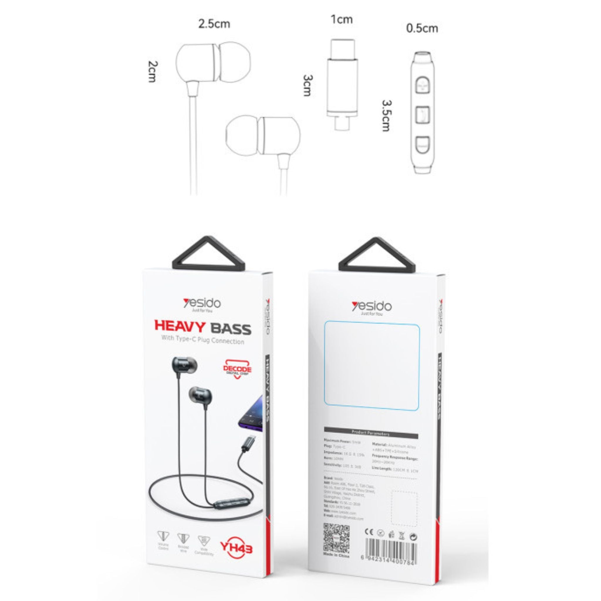 YESIDO YH43 HIFI Lossless Sound Quality 10mm Dynamic Speaker Type-C Digital Interface In-ear Earphone