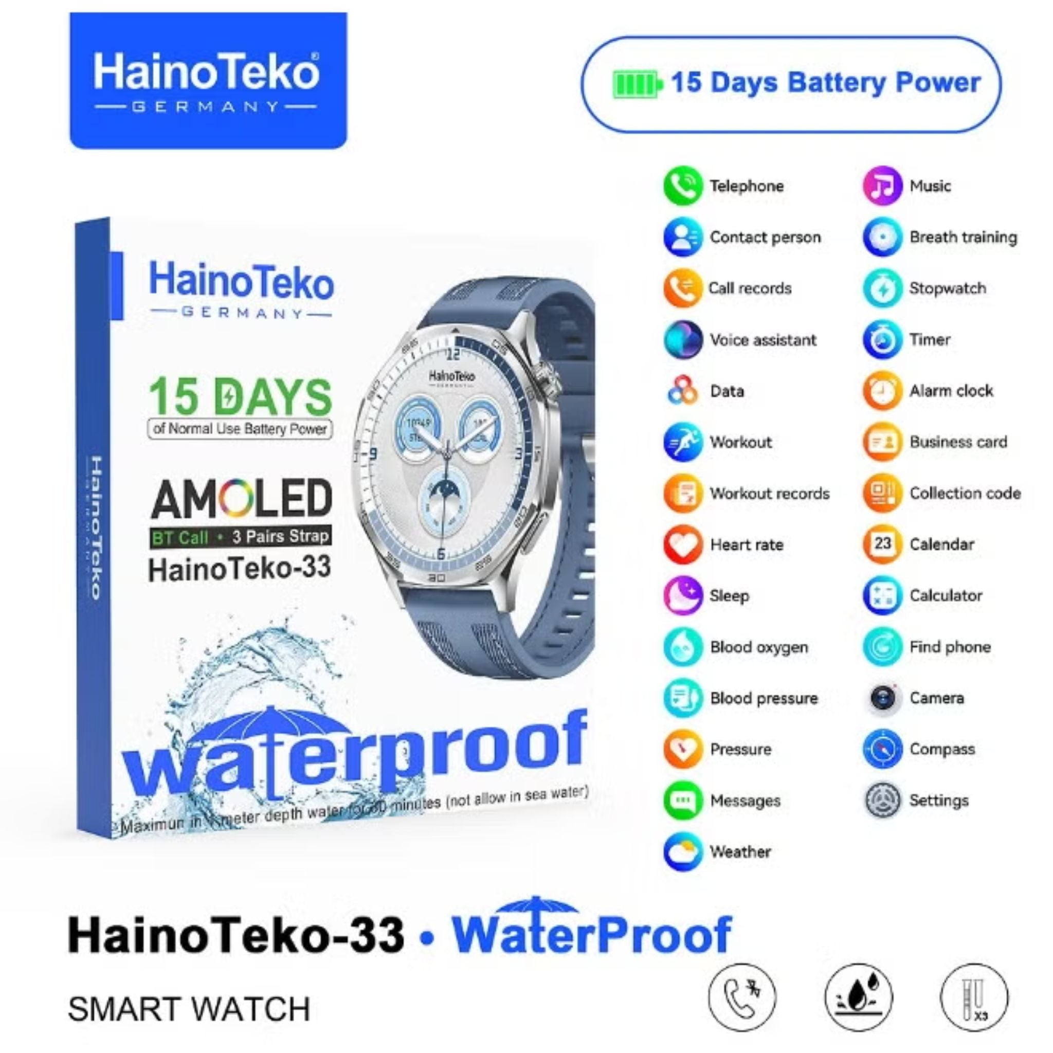 HainoTeko-33 Waterproof Smart Watch With AMOLED Display Bluetooth Calling 15 Days Battery Life and 3 Pair Straps Designed for Men - Silver